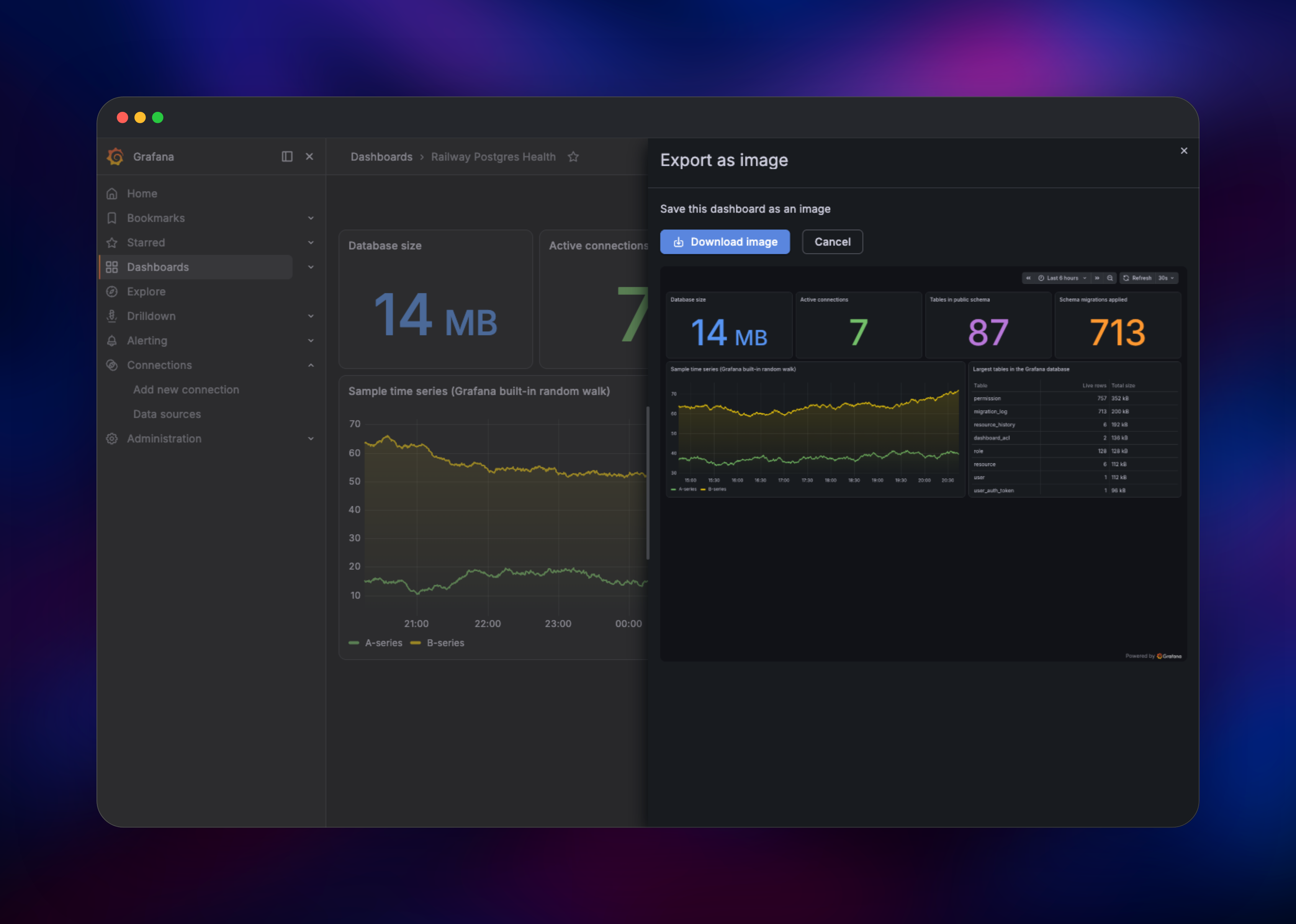 Grafana Export as image dialog previewing a server-rendered dashboard PNG