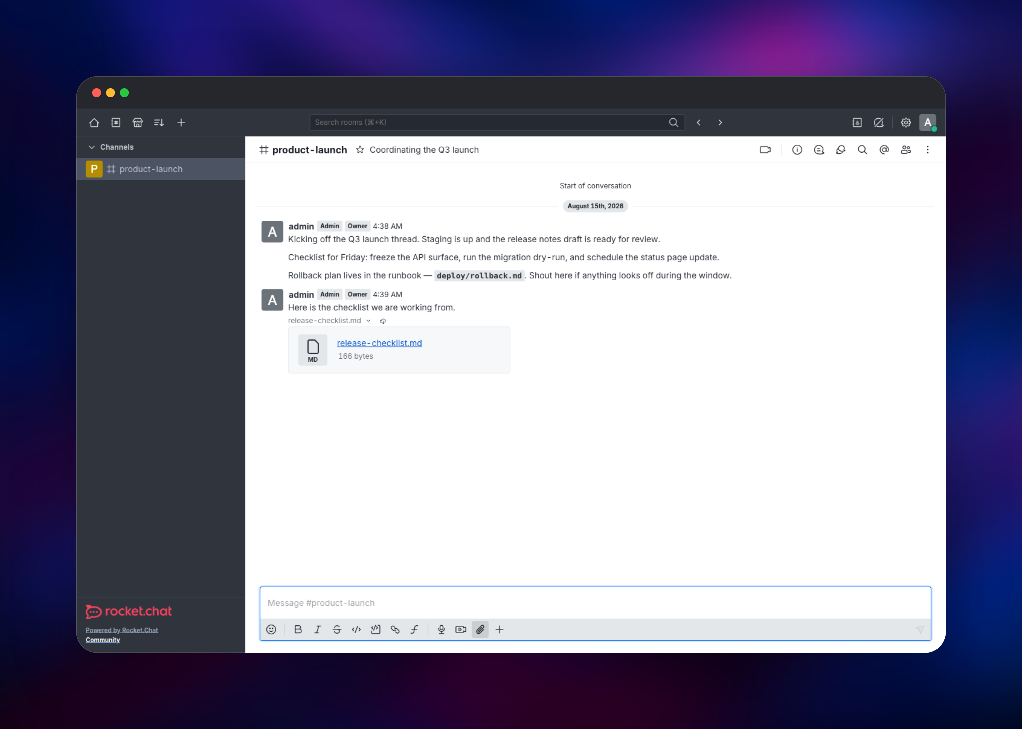 Rocket.Chat channel thread with a shared release checklist file