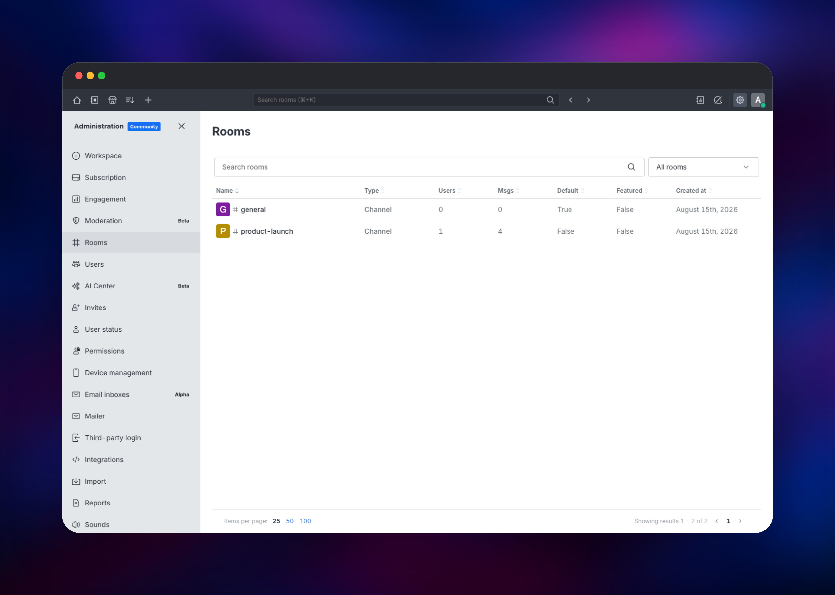 Rocket.Chat admin Rooms list showing channels and message counts