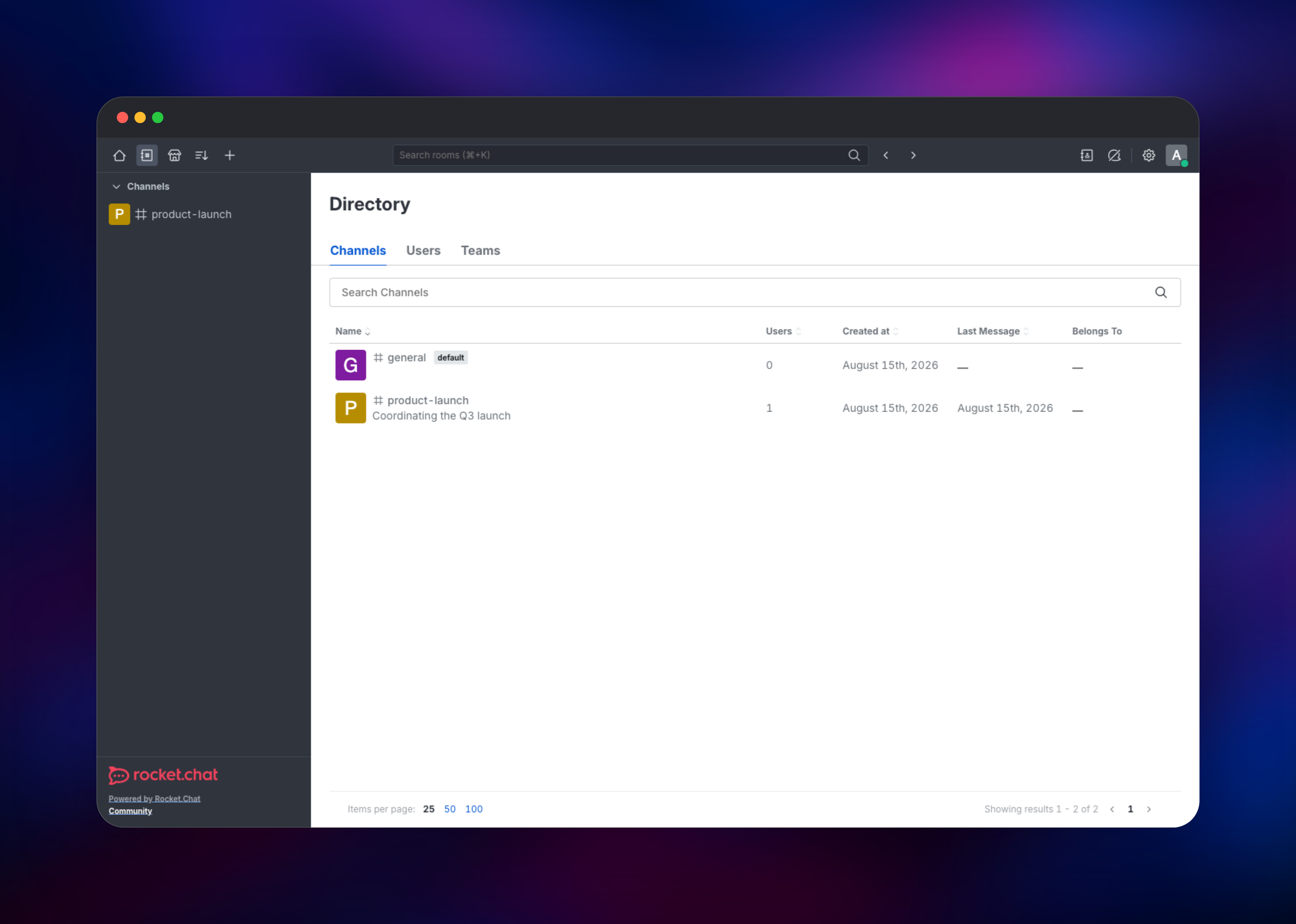 Rocket.Chat directory listing public channels and their topics