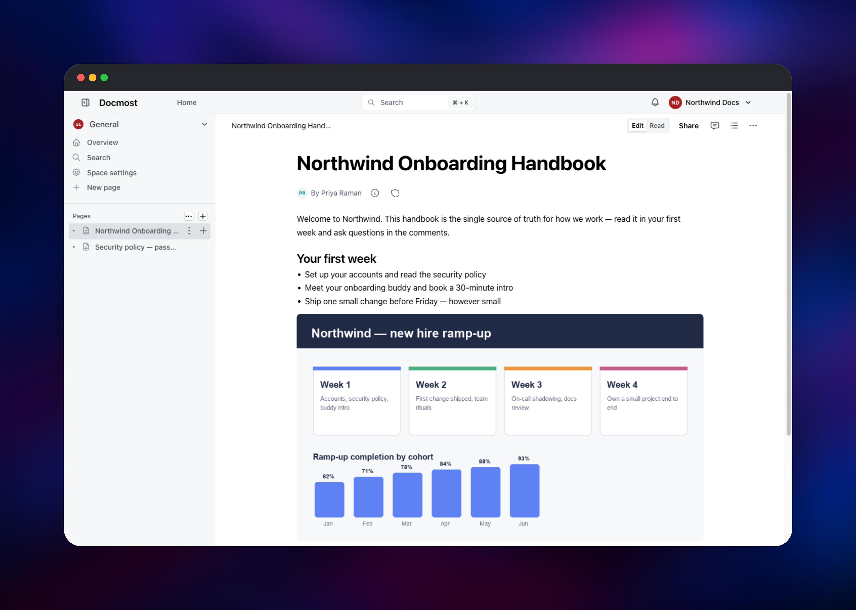 Docmost wiki page with onboarding checklist and embedded chart