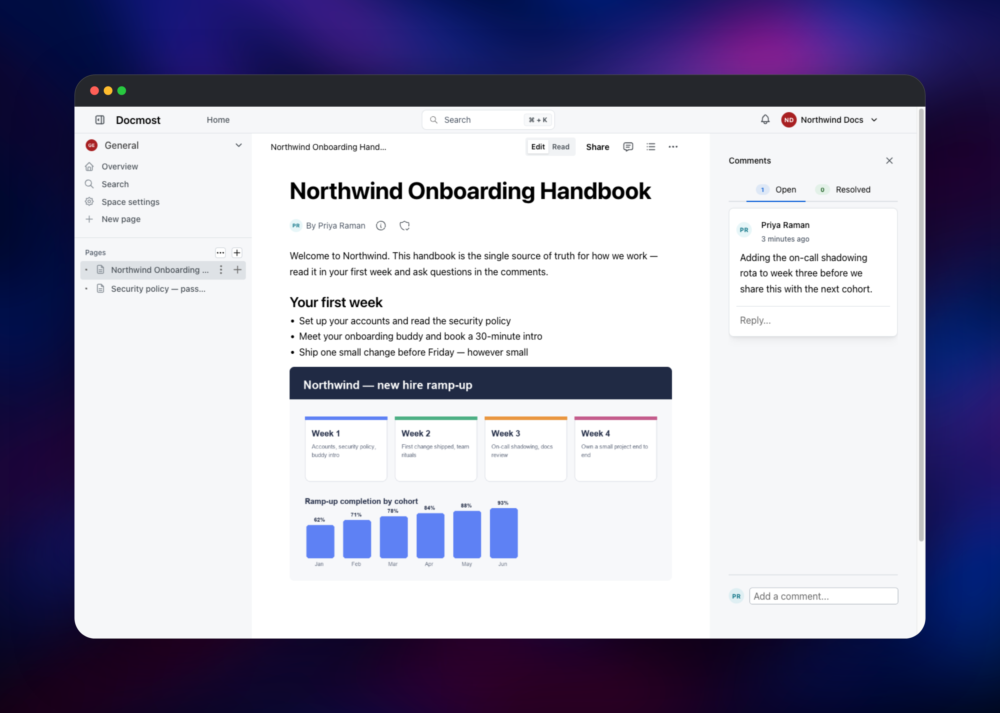 Docmost page with an open comment thread in the sidebar