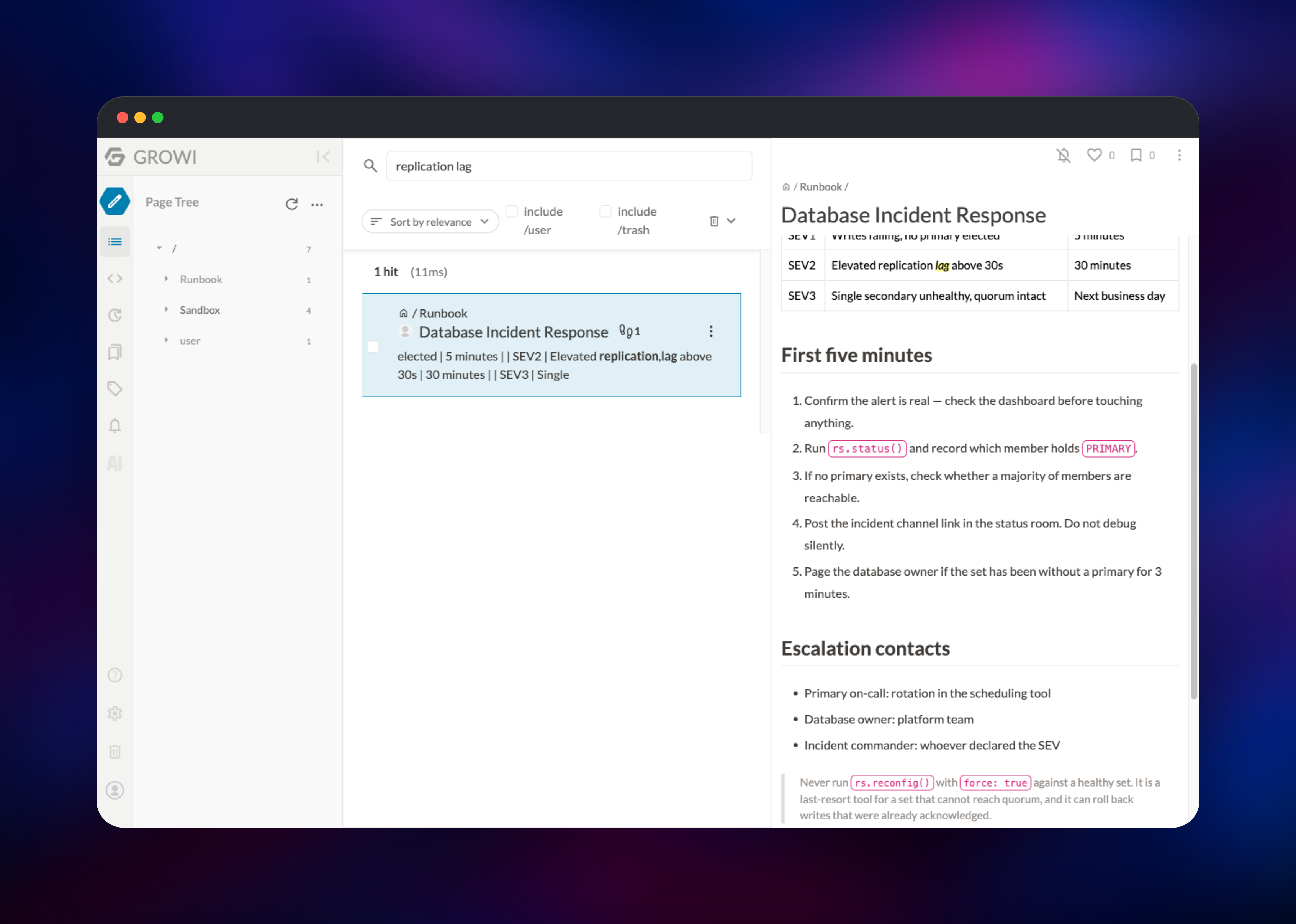 GROWI full-text search results with highlighted matching text