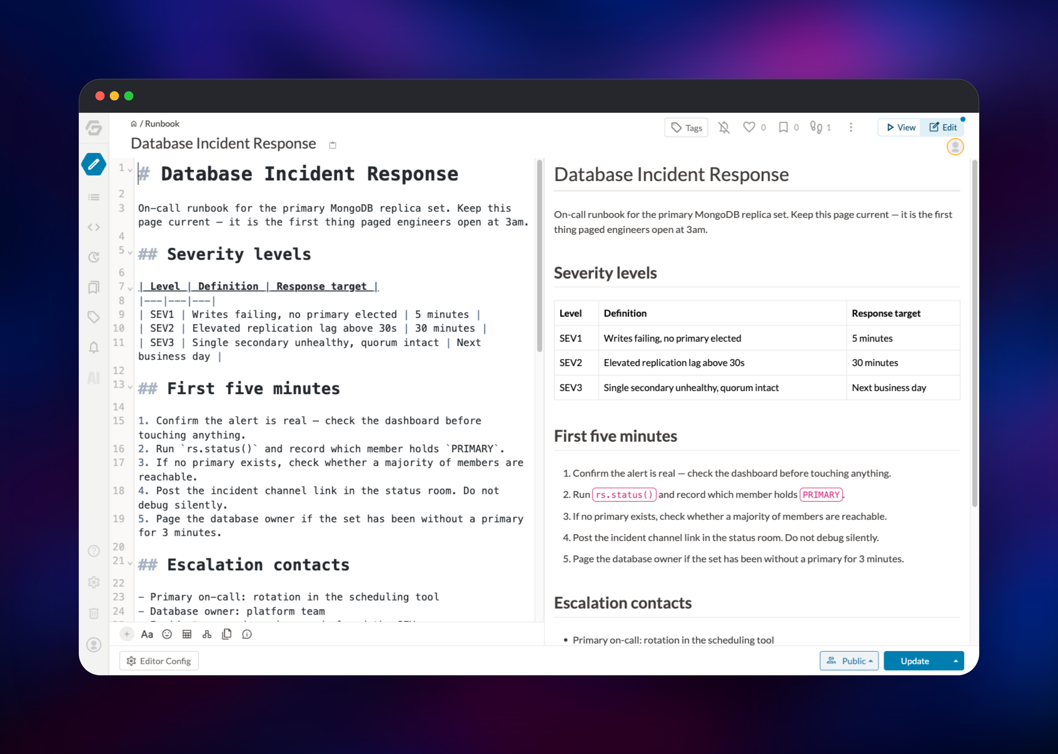 GROWI markdown editor beside its live rendered preview