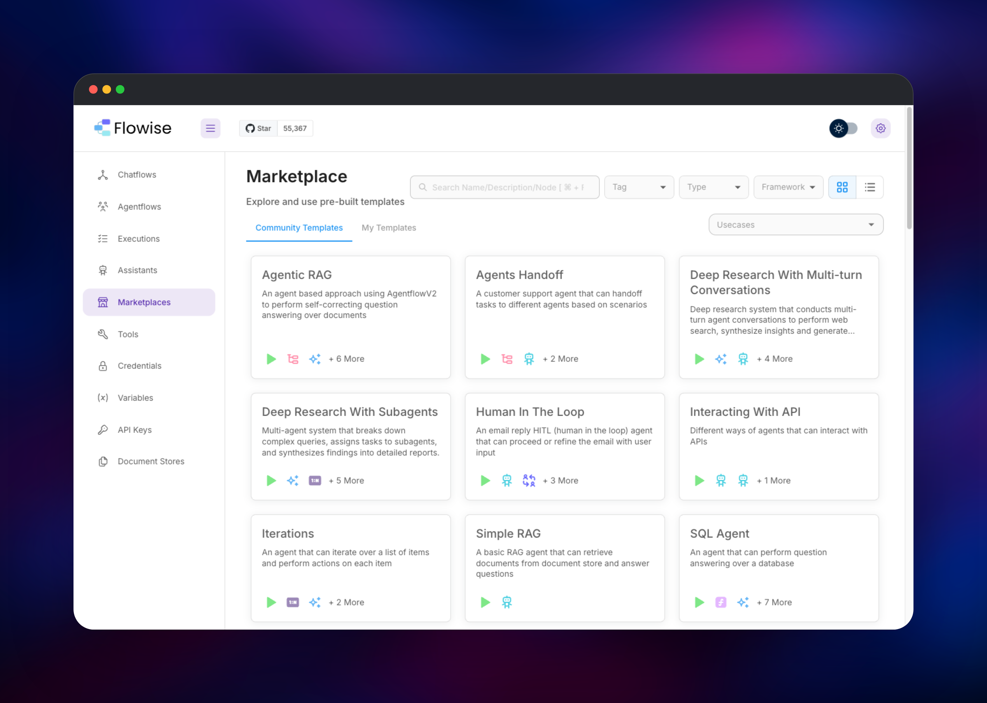 Flowise marketplace of prebuilt AI agent templates