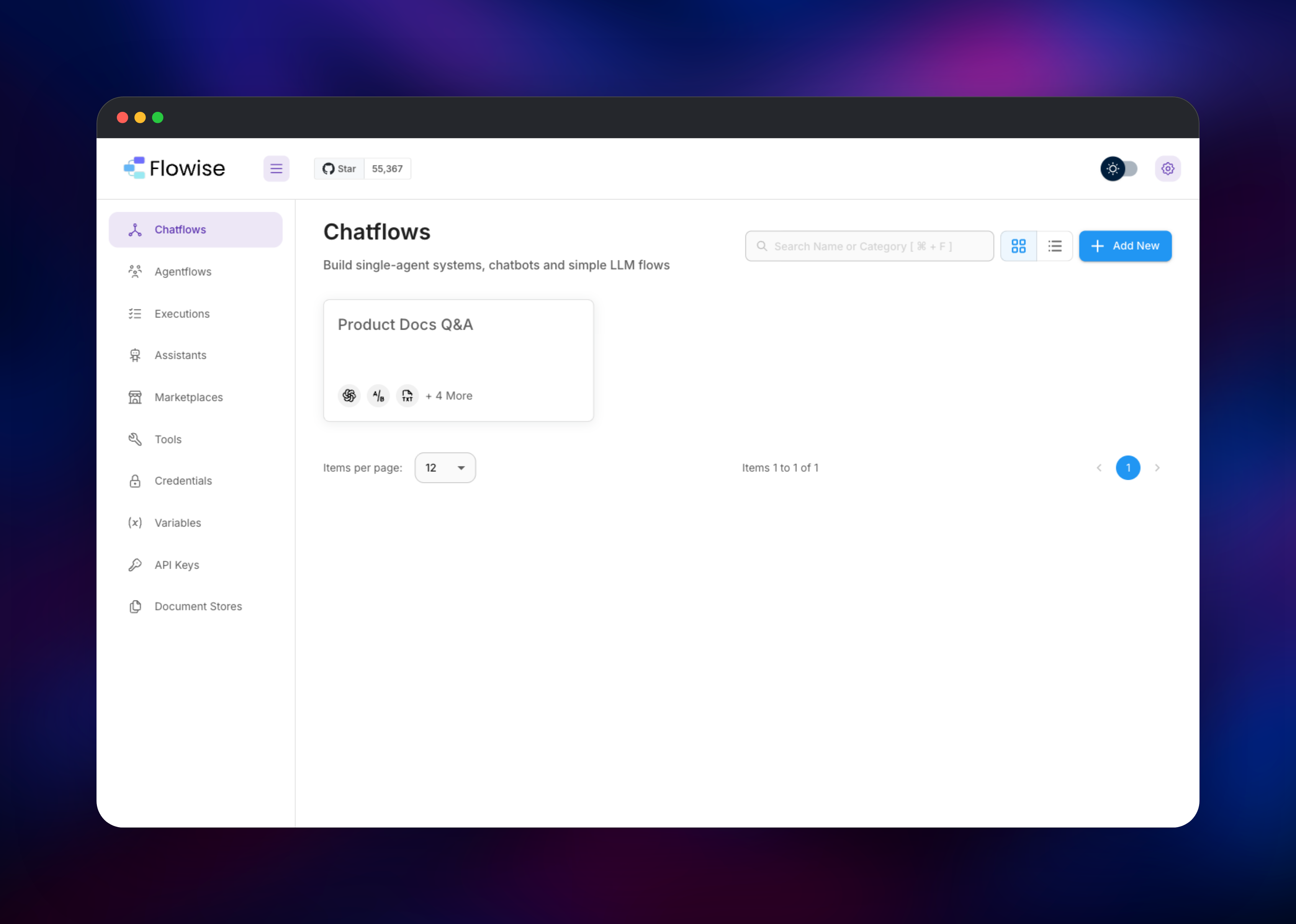 Flowise chatflows list showing a saved retrieval flow