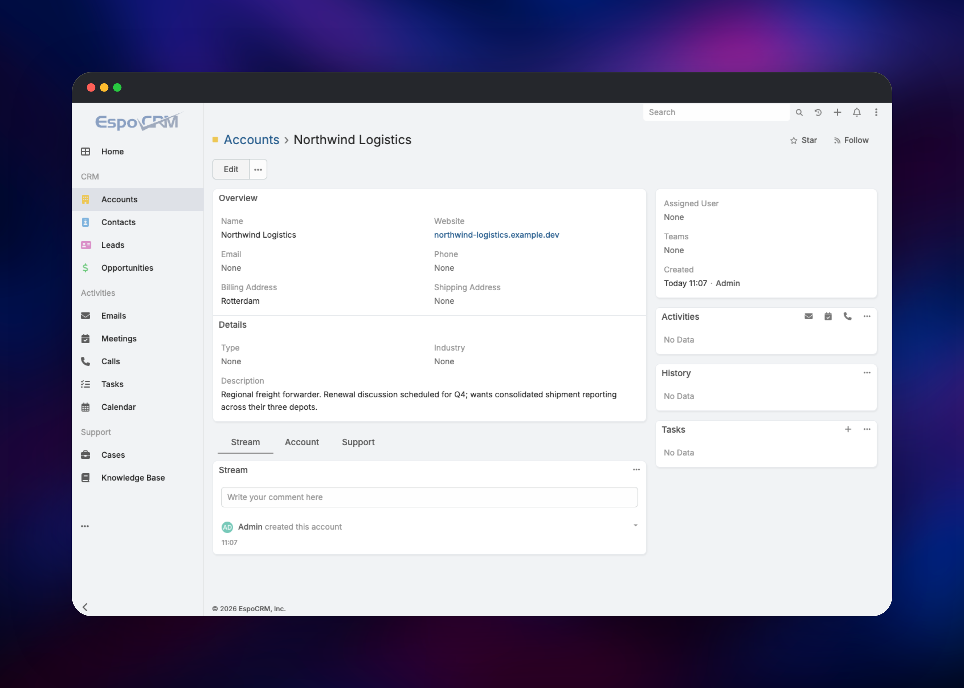 EspoCRM account record with billing details and activity stream