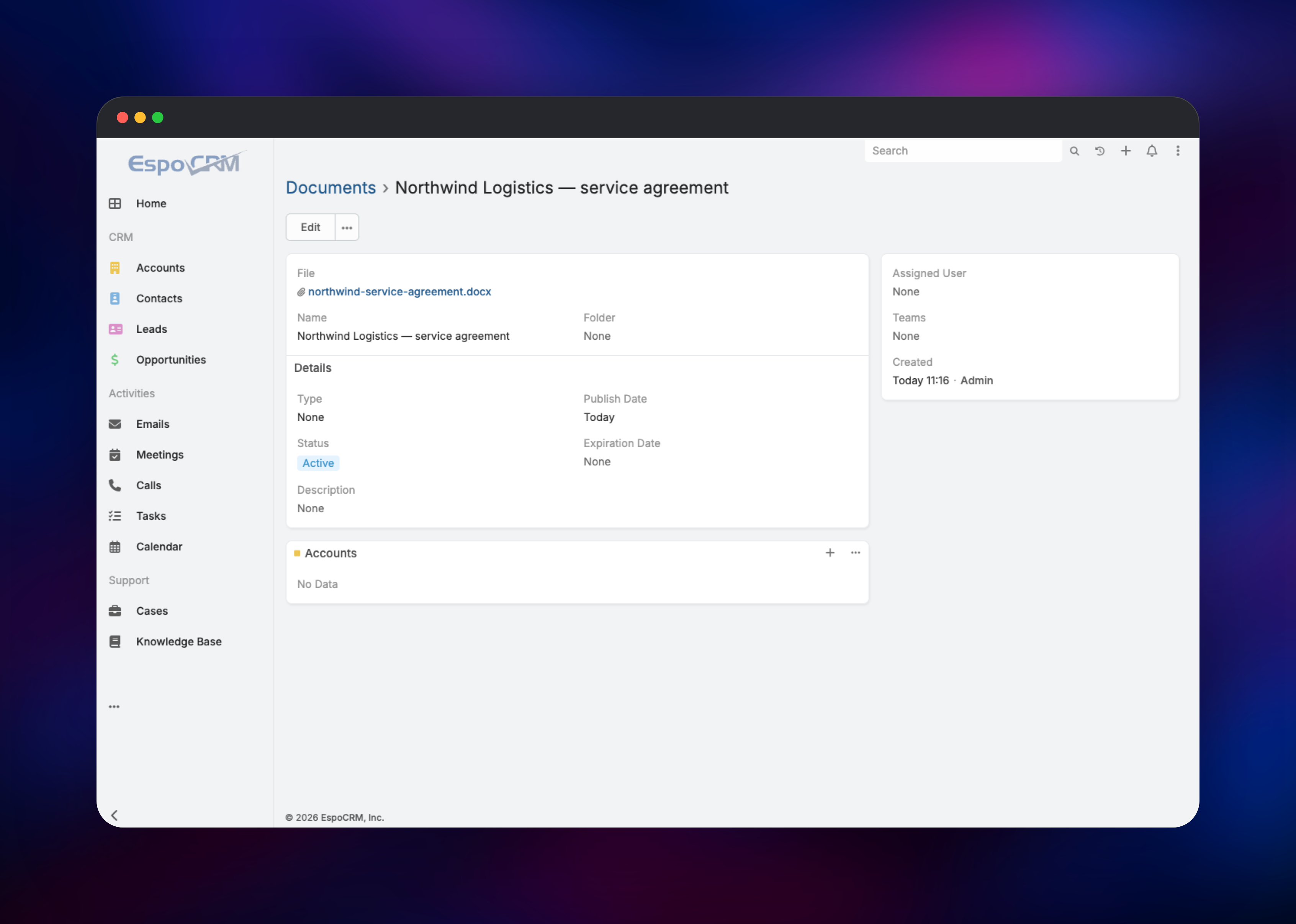 EspoCRM document record holding an uploaded service agreement file