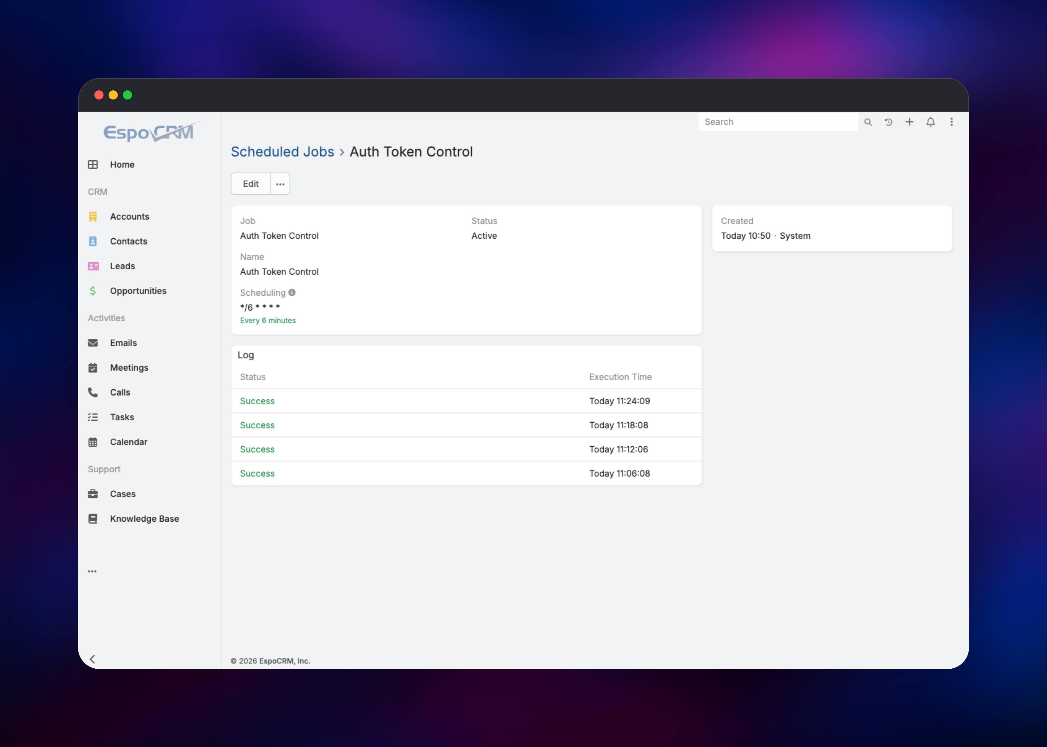 EspoCRM scheduled job log showing successful background runs