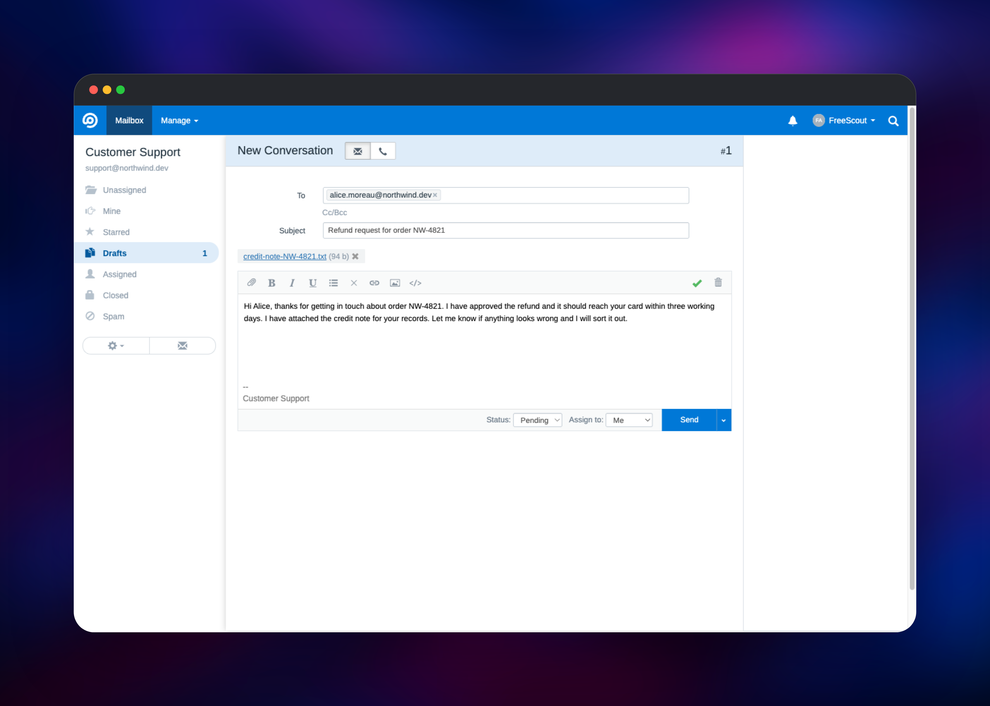 FreeScout new conversation composer with a file attachment