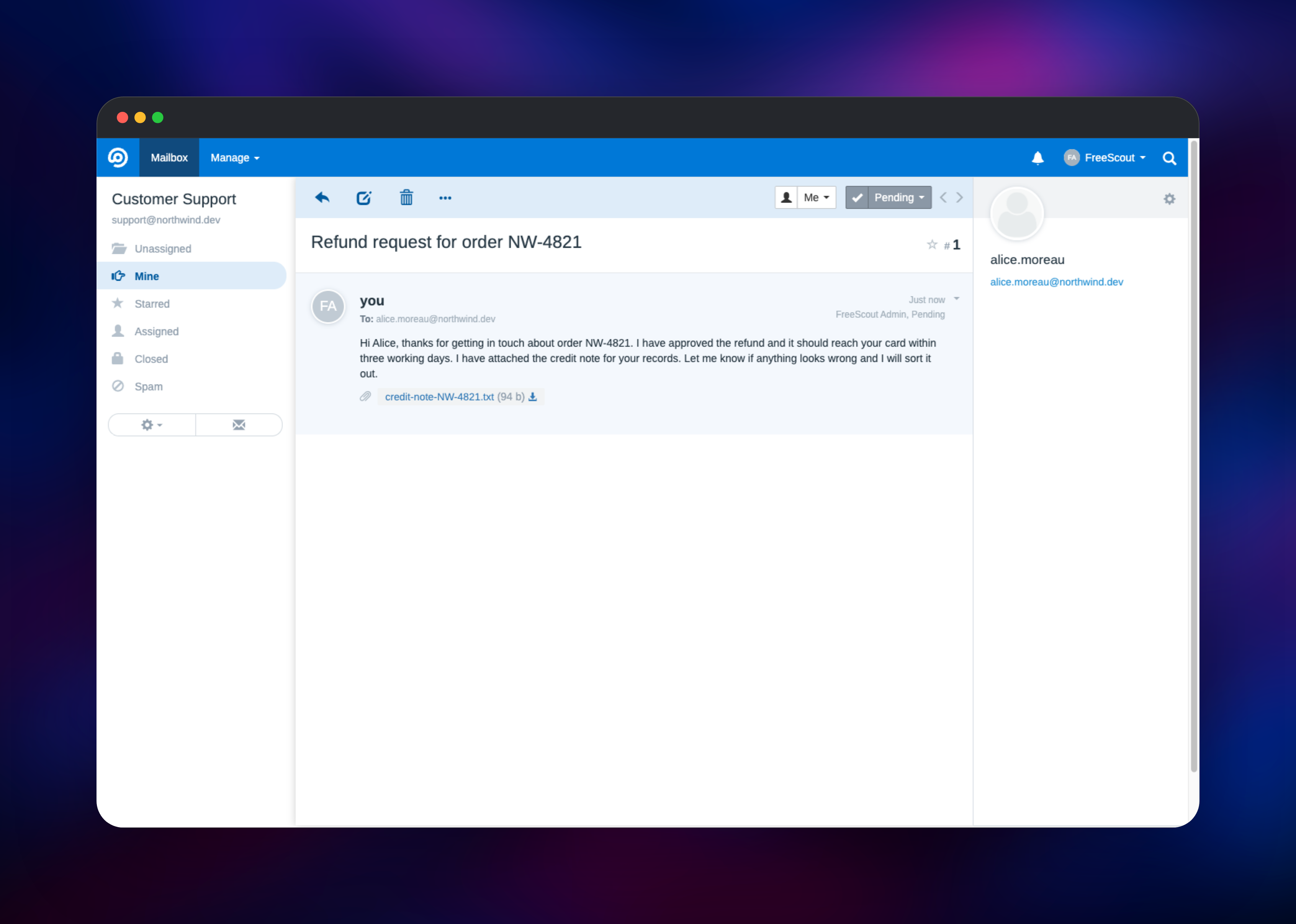 FreeScout conversation thread showing a support reply