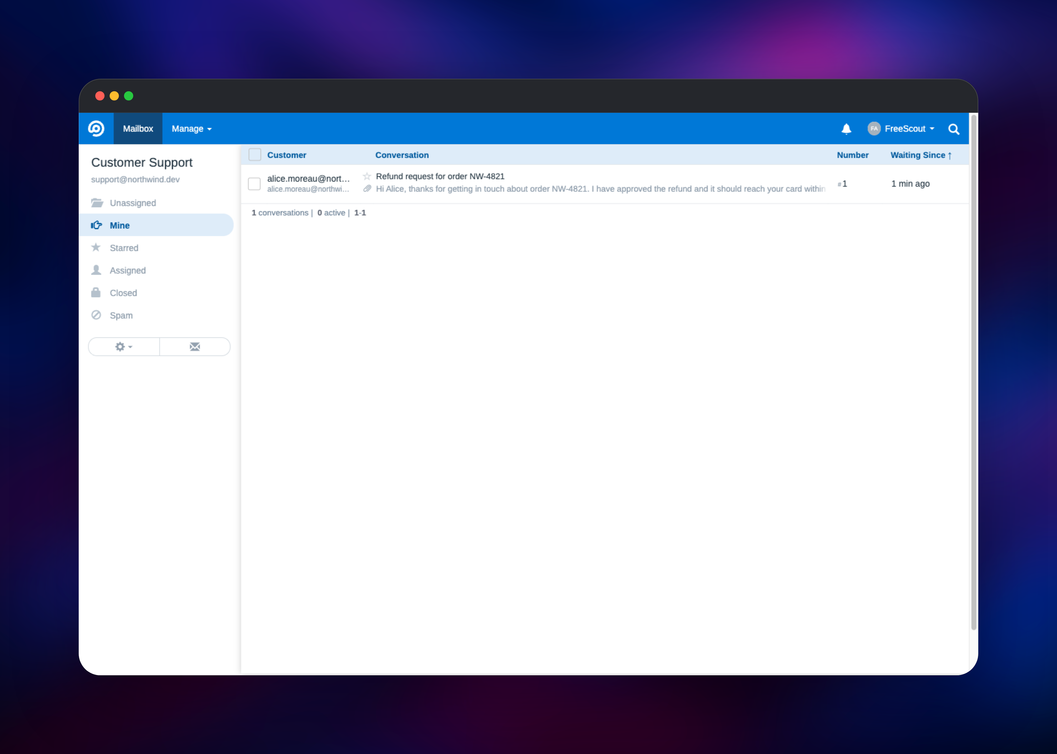 FreeScout shared mailbox listing an assigned conversation