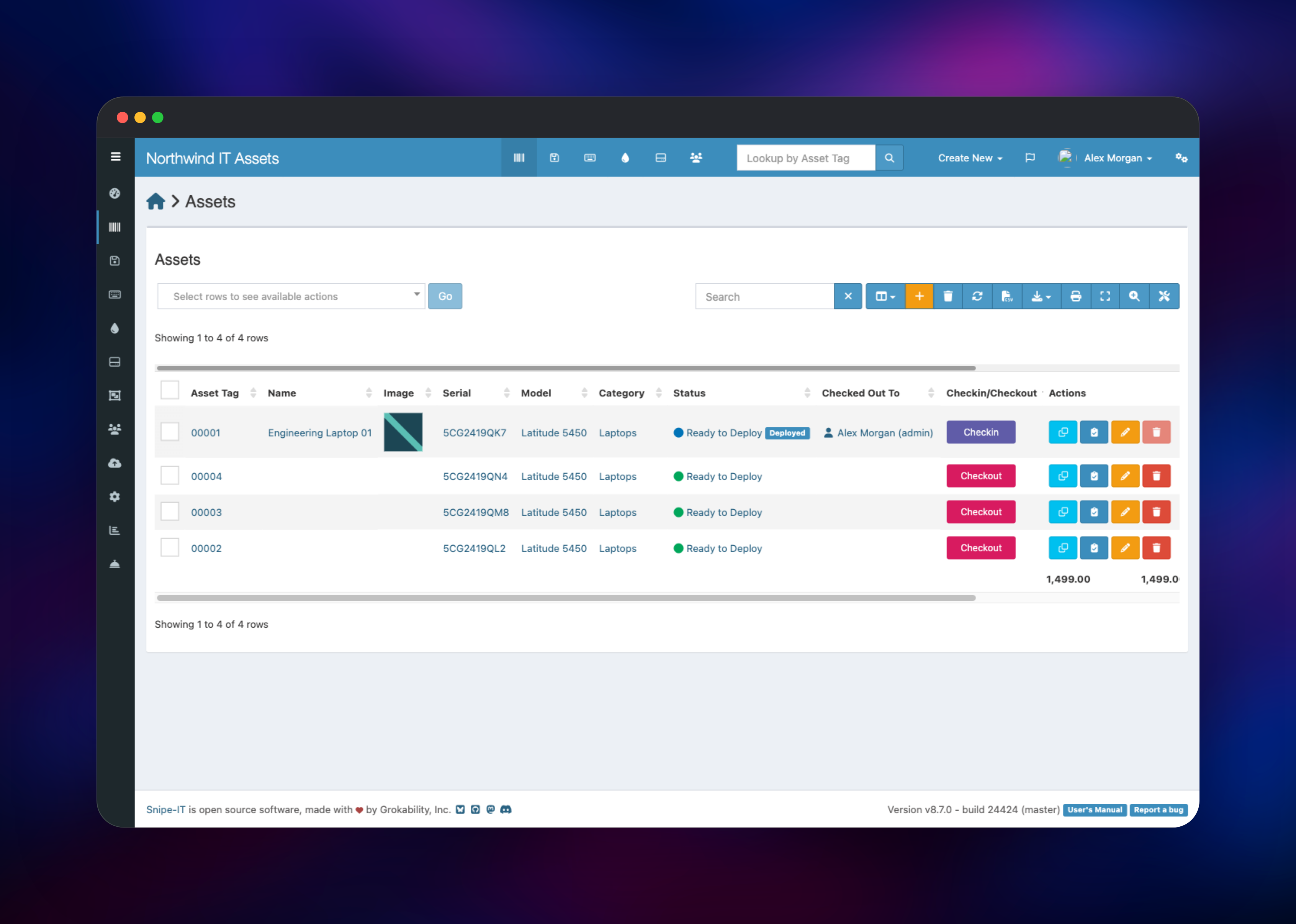Snipe-IT asset inventory listing four laptops with checkout status