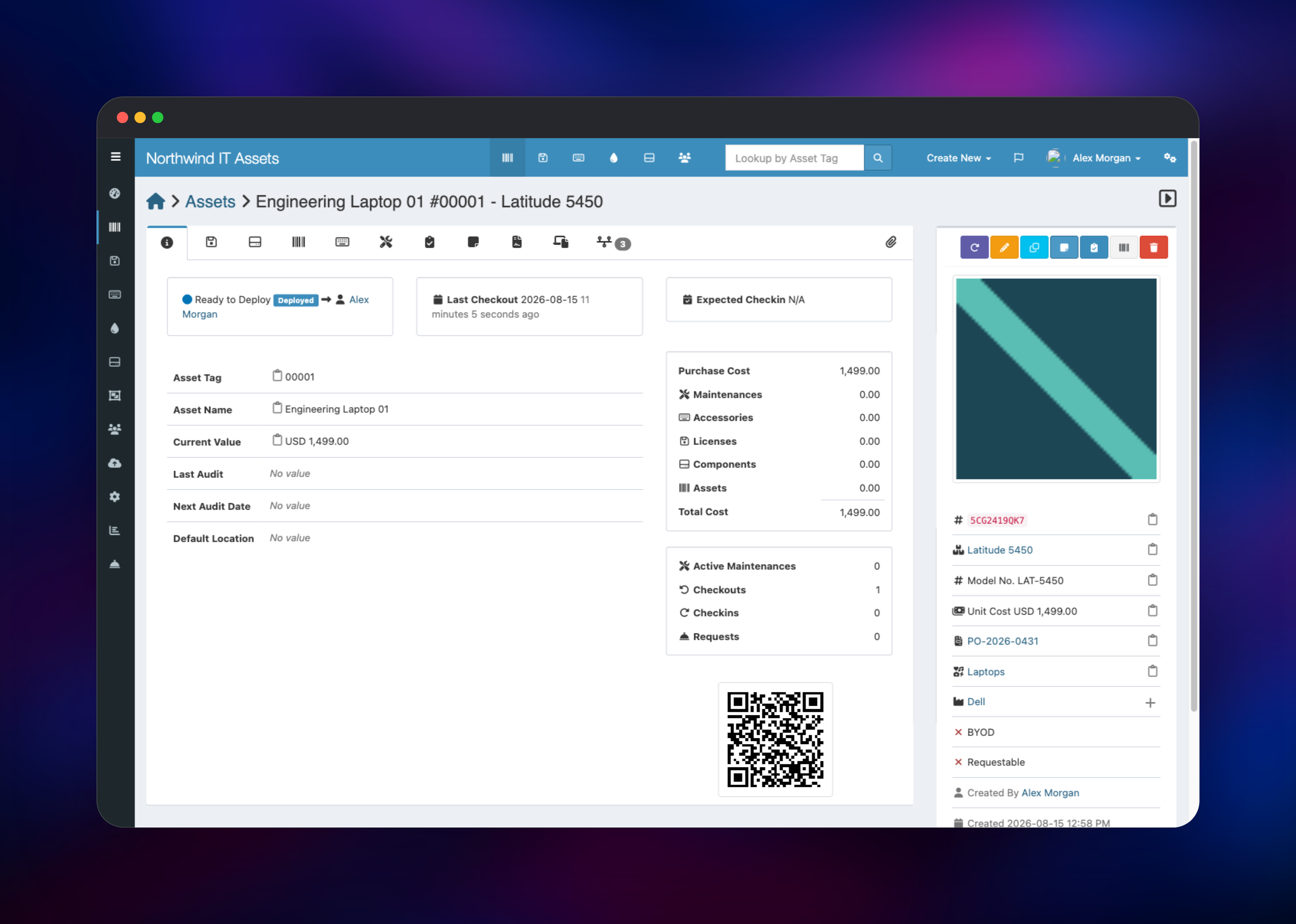 Snipe-IT asset detail page showing checkout, purchase cost and QR code