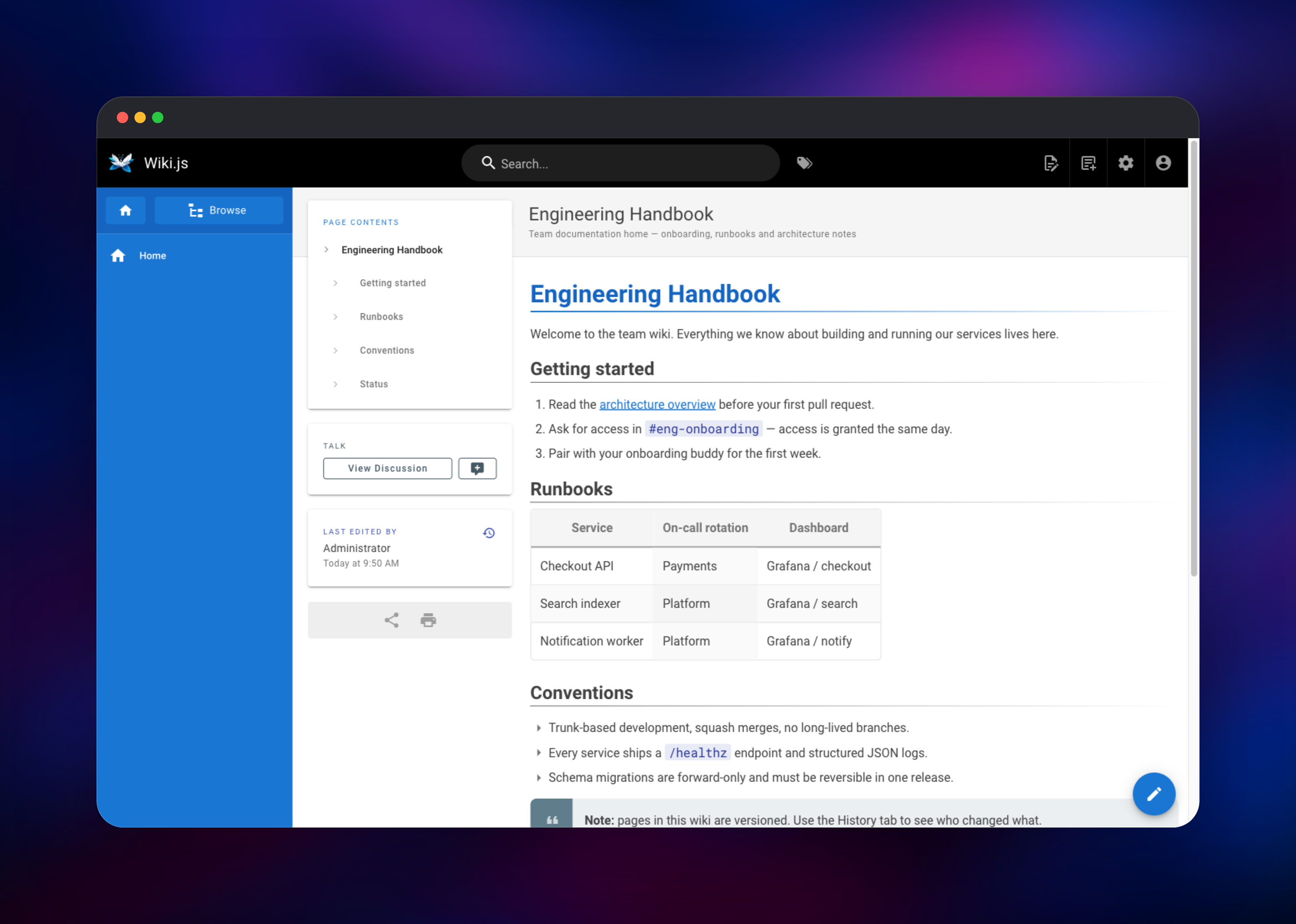 Wiki.js handbook page with runbook table and sidebar navigation