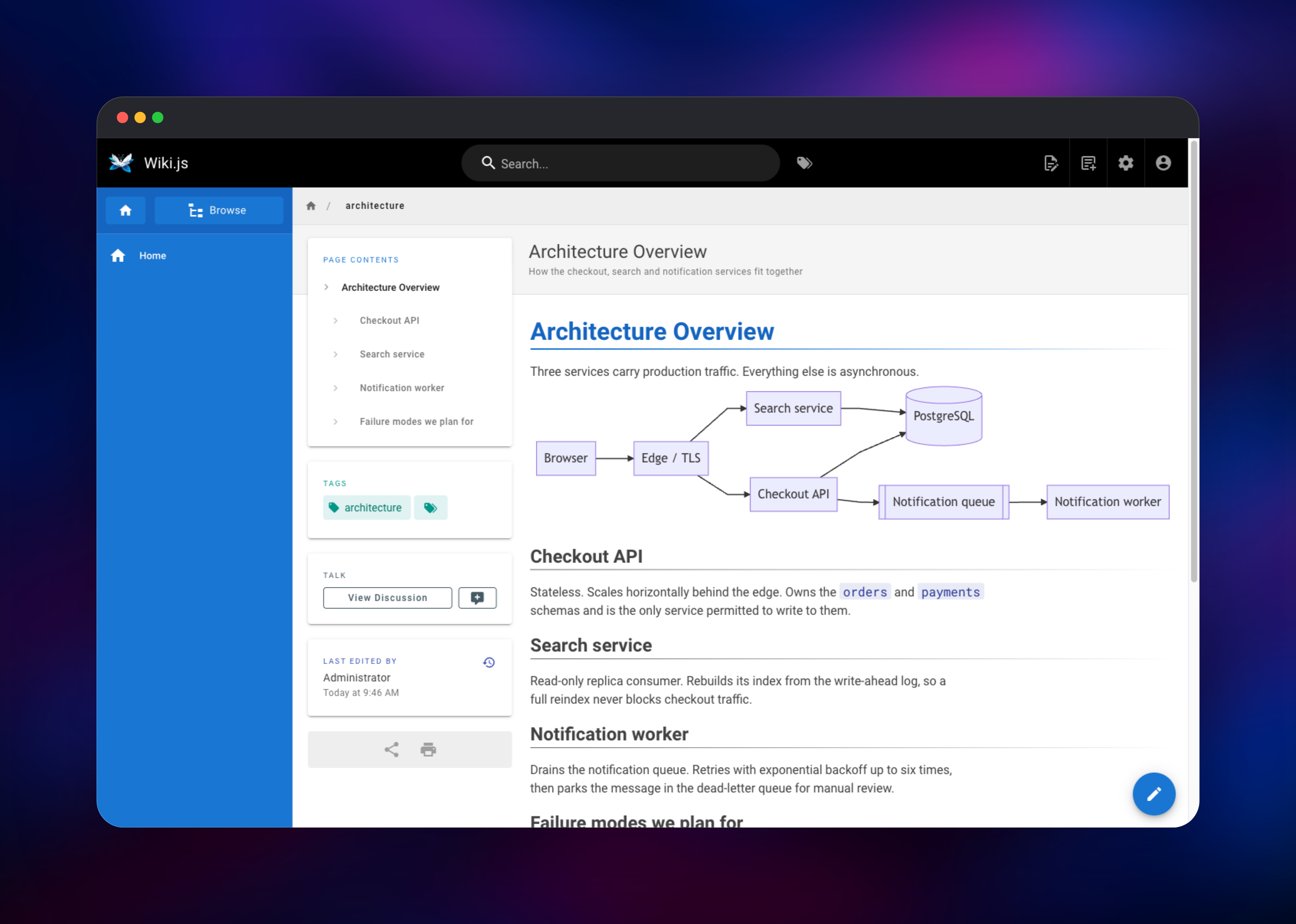Wiki.js page rendering a Mermaid service architecture diagram