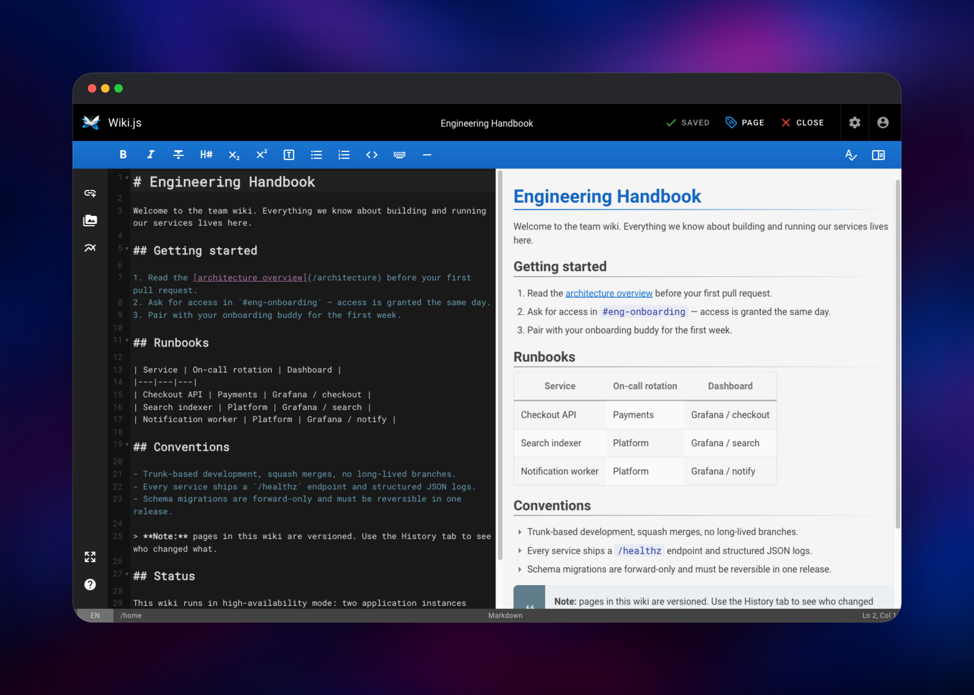 Wiki.js split-pane Markdown editor with live rendered preview