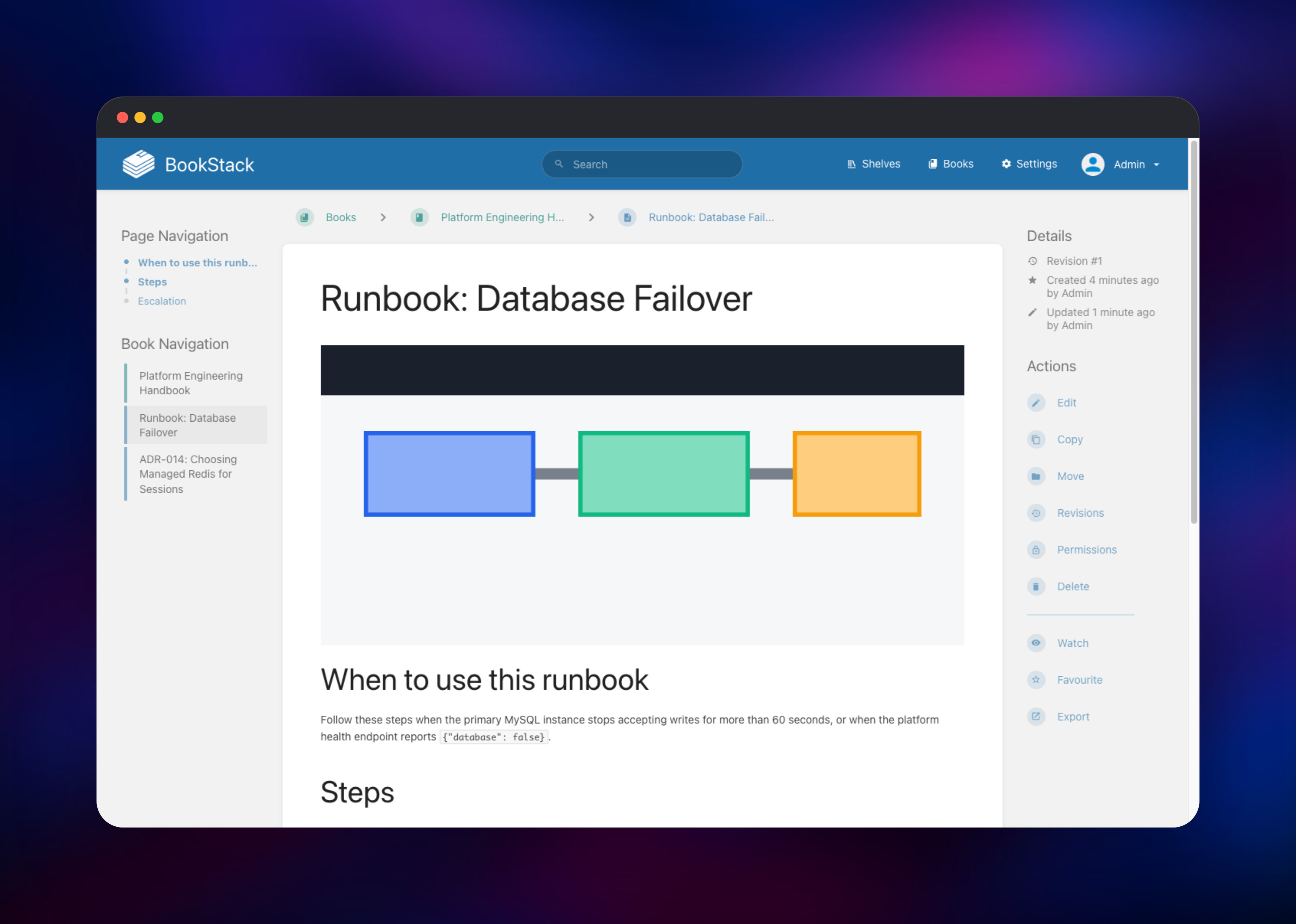 BookStack runbook page showing an embedded diagram and page navigation