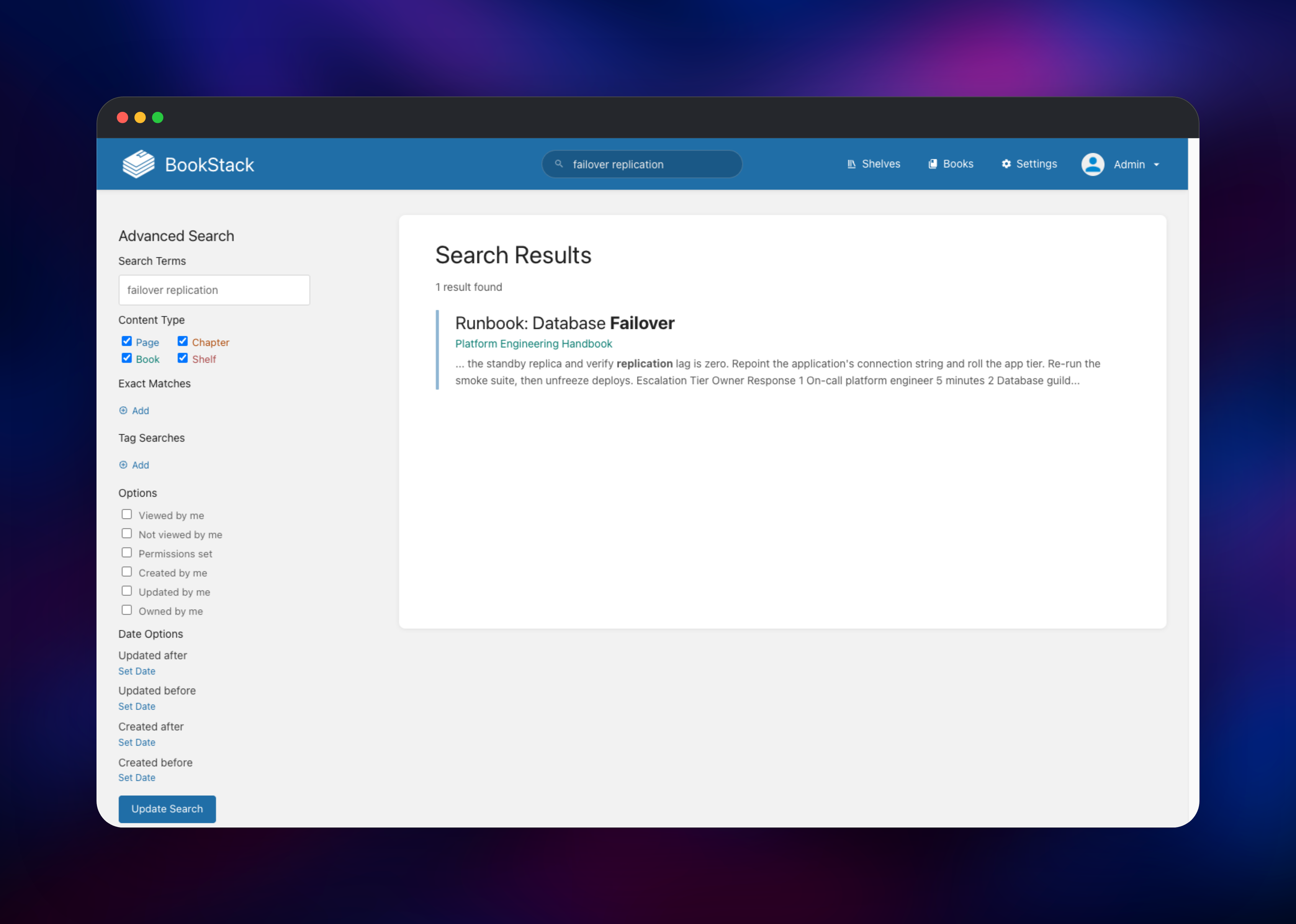 BookStack advanced search results with a highlighted matching excerpt