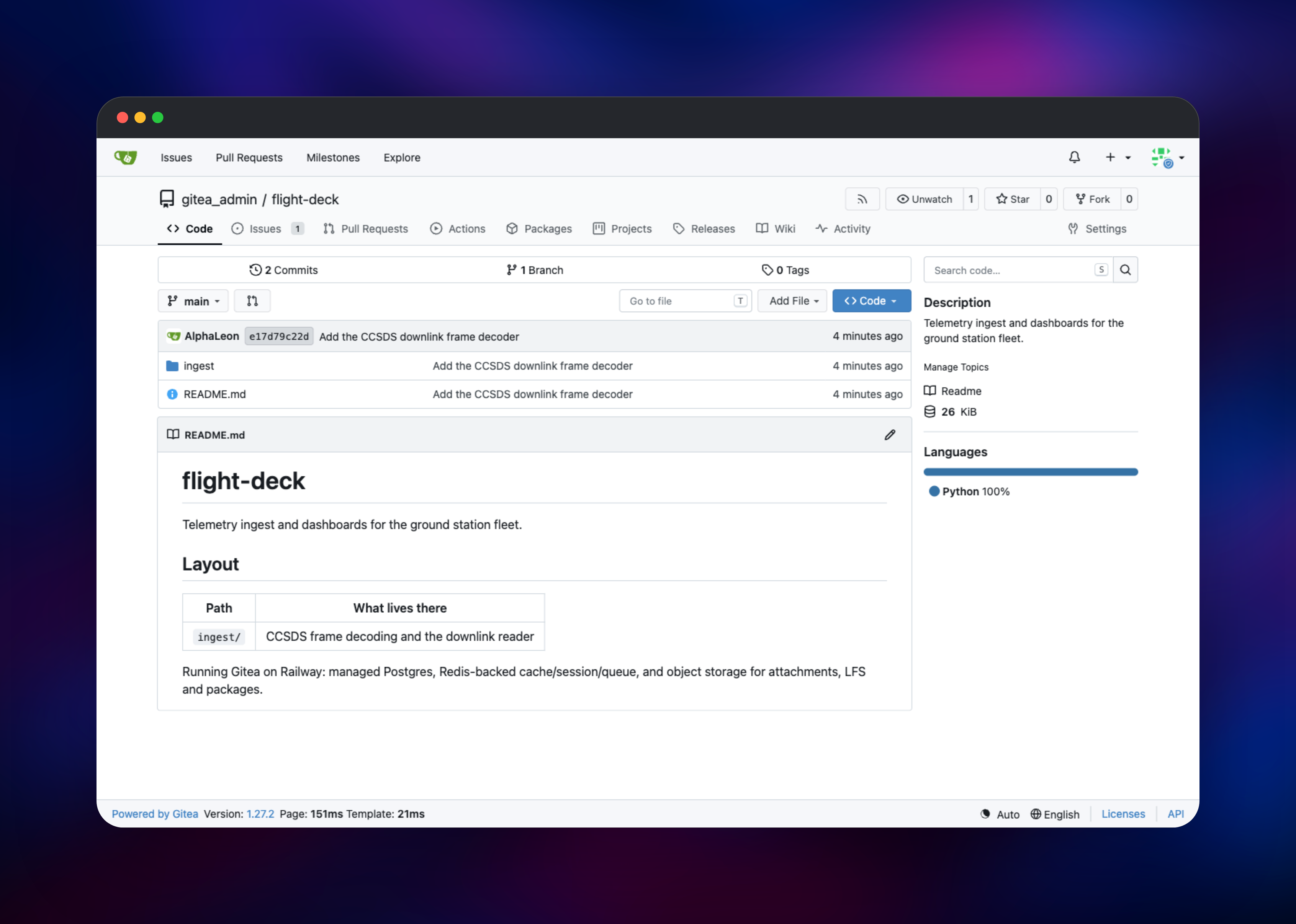 Gitea repository home with rendered README and commit history
