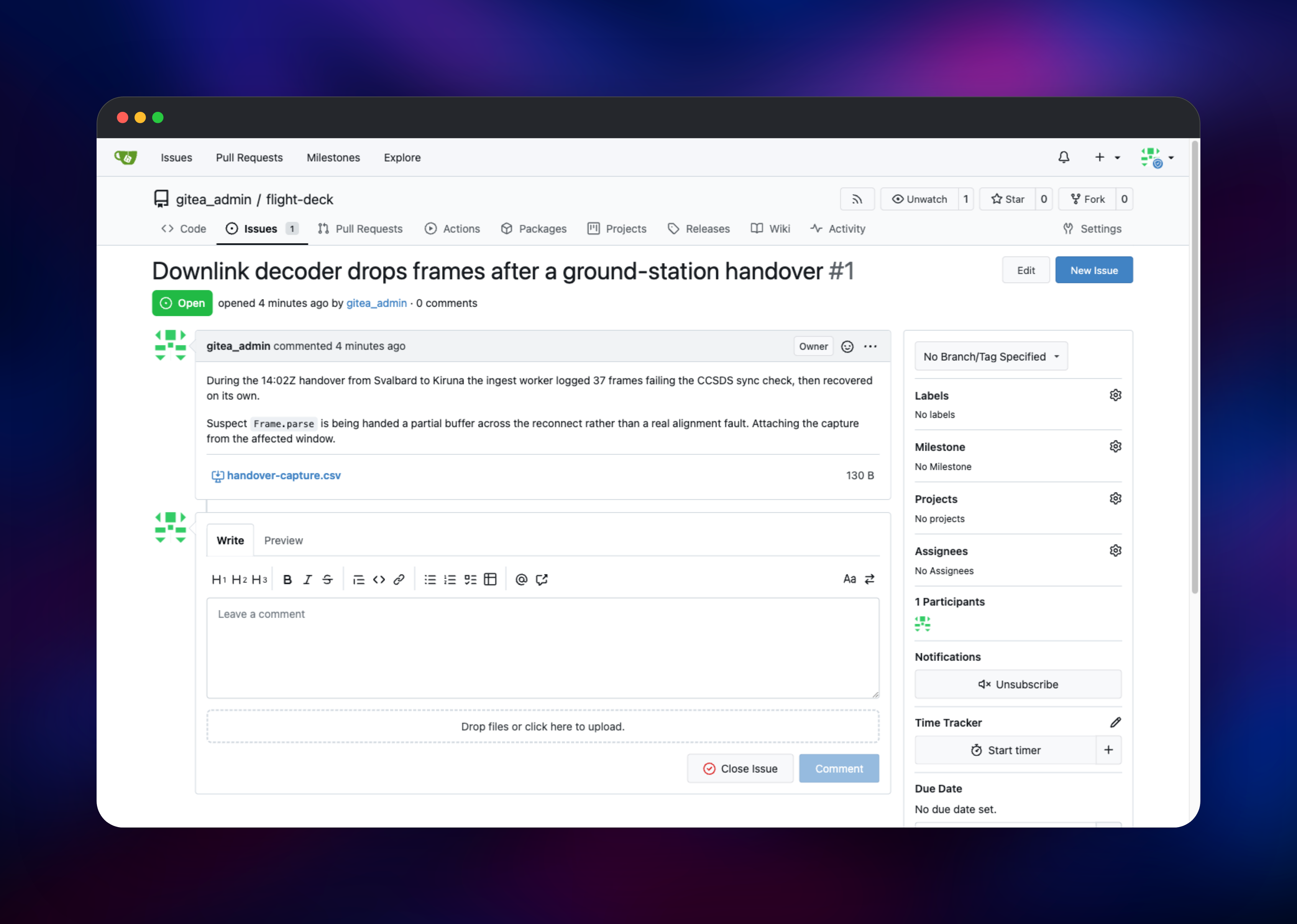 Gitea issue thread carrying an uploaded CSV attachment