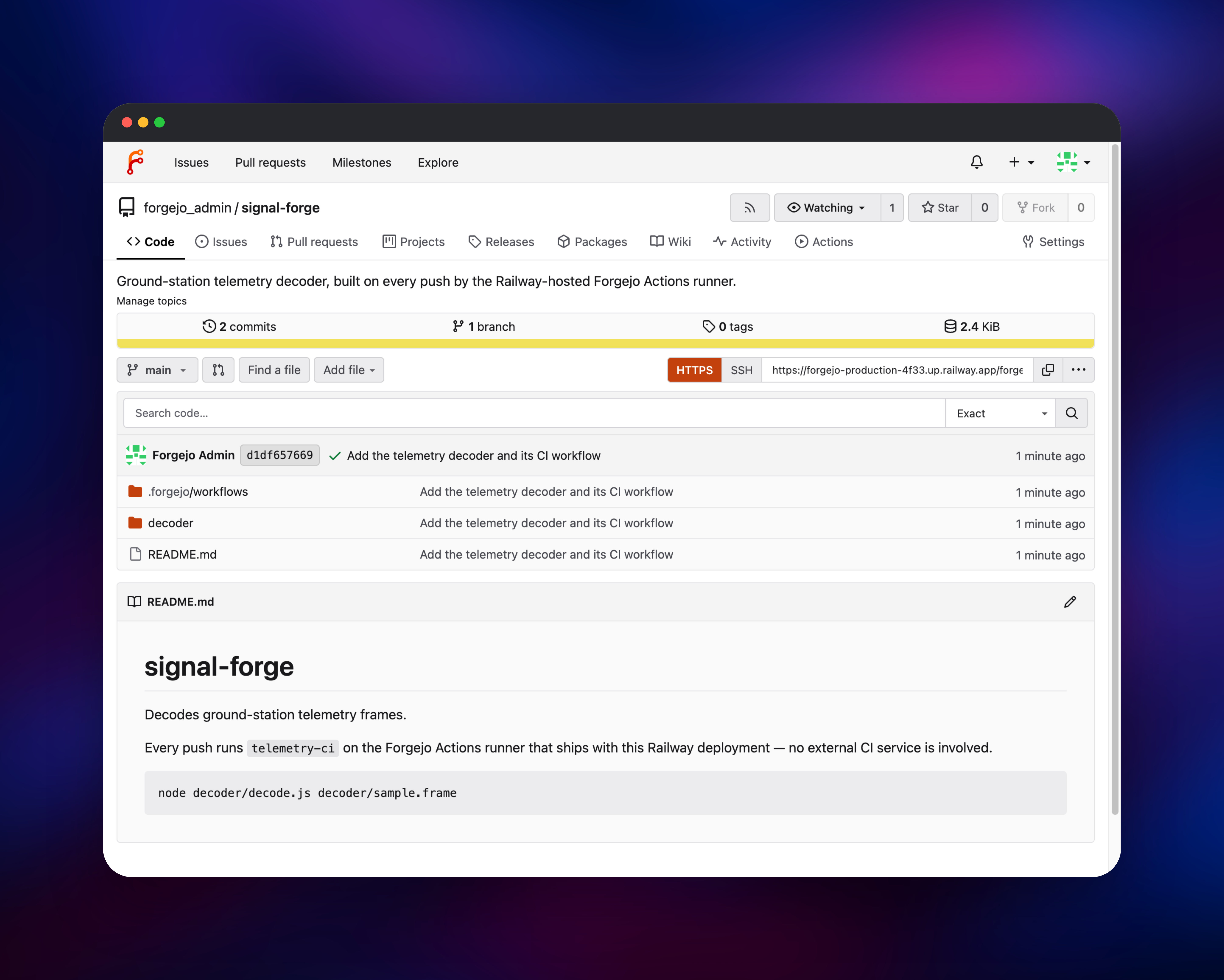 Forgejo repository page showing files and rendered README