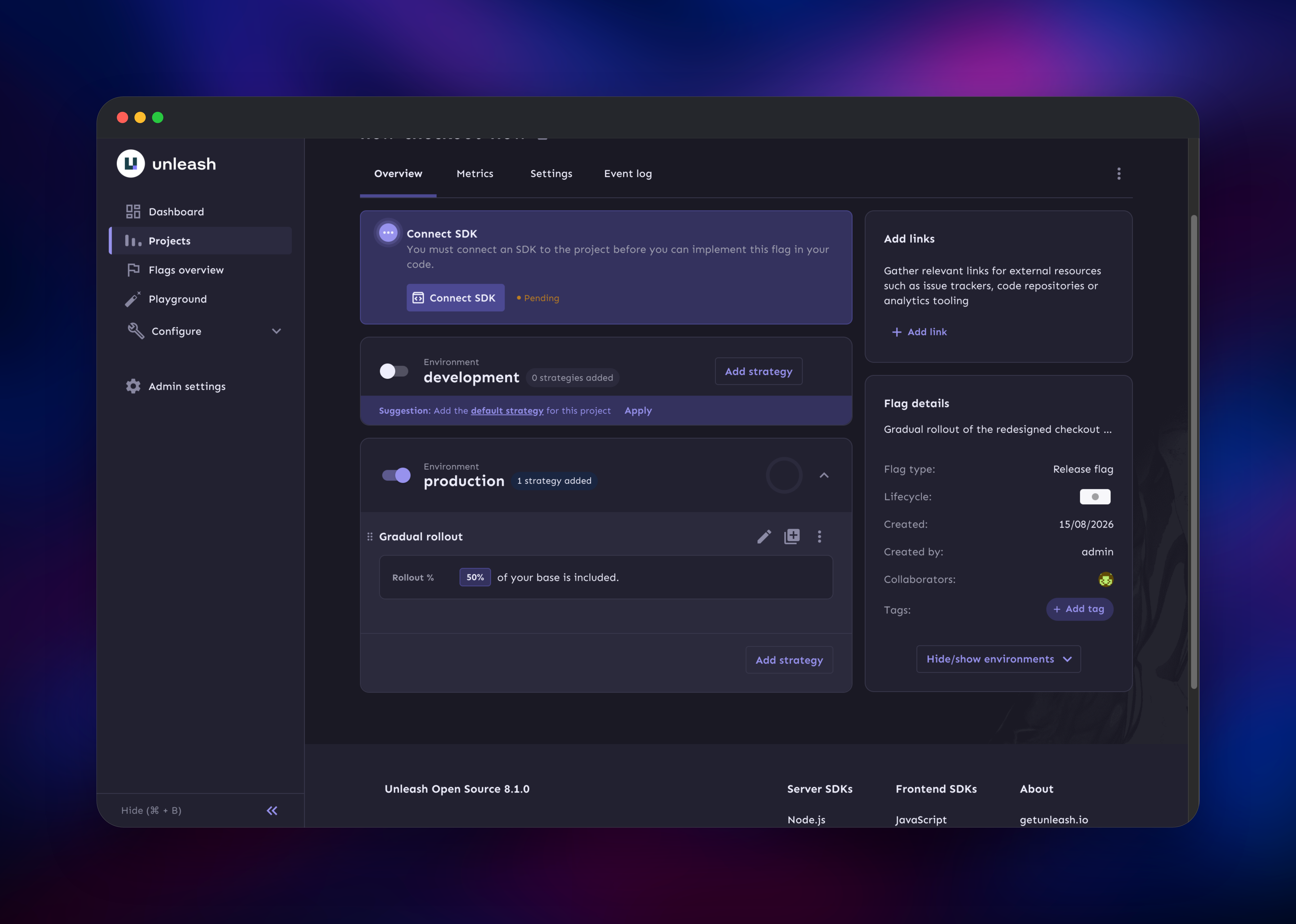 Unleash feature flag enabled with a 50% gradual rollout in production