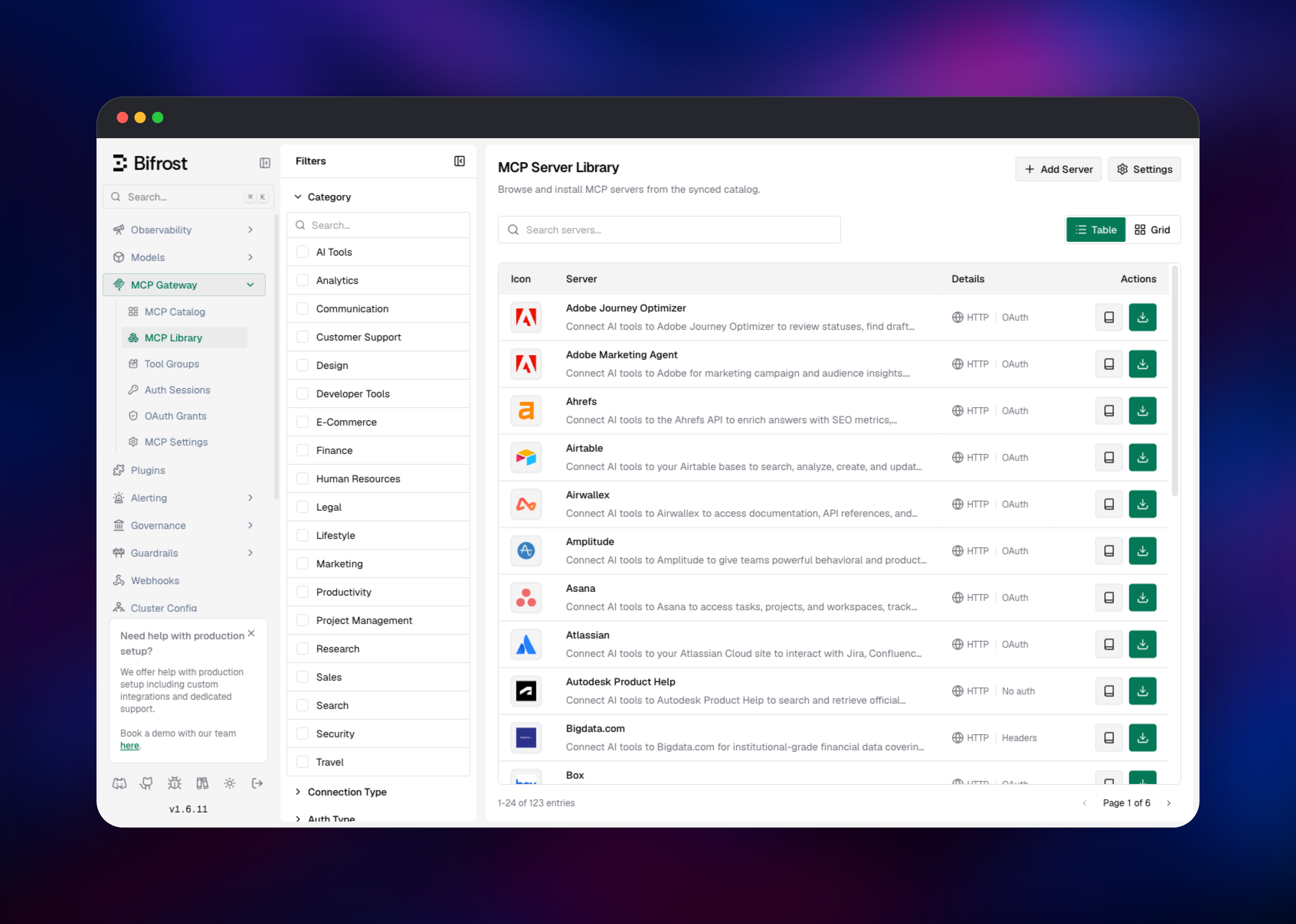 Bifrost MCP server library browsing 123 connectable tool servers