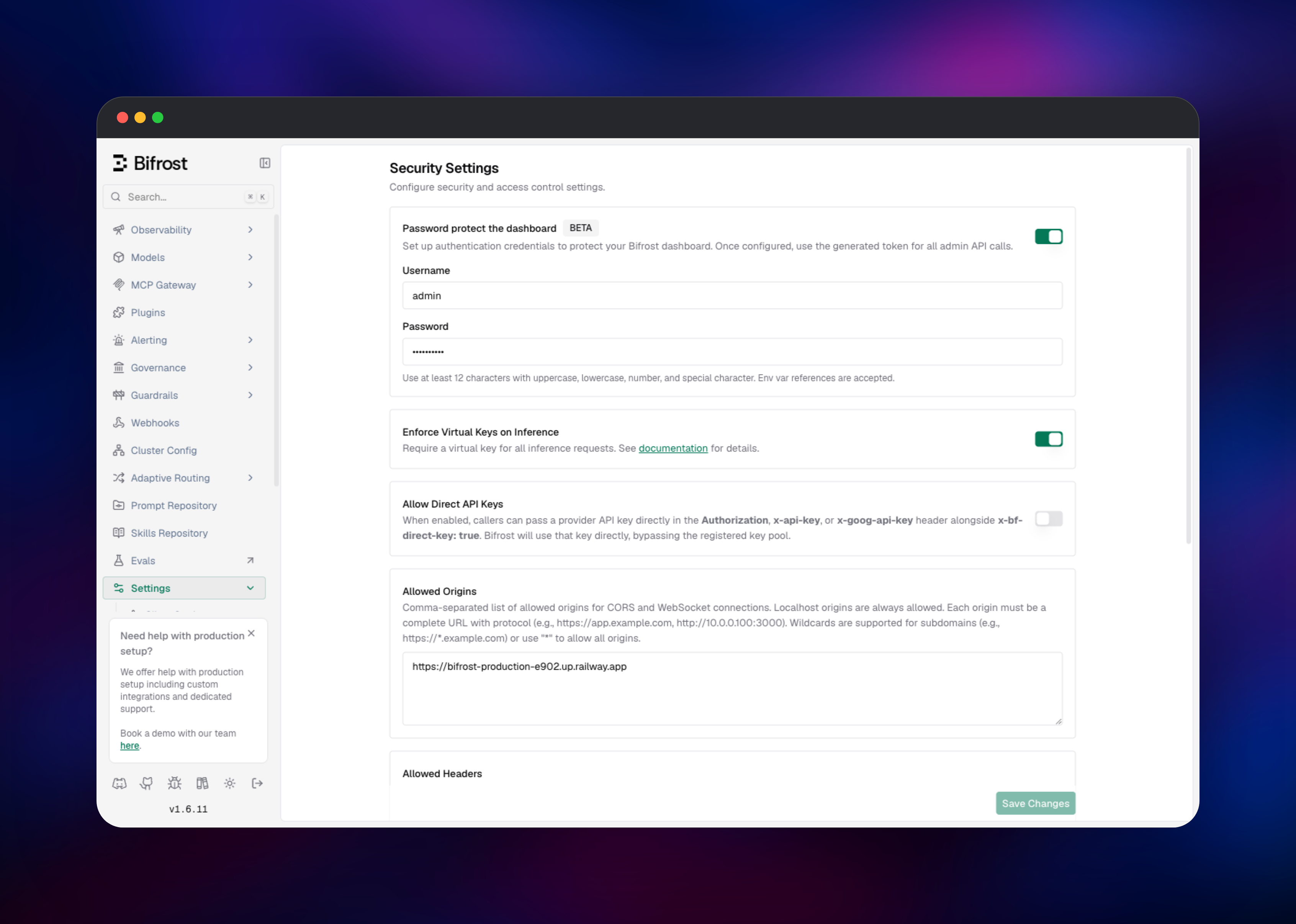 Bifrost security settings with dashboard auth and virtual-key enforcement on