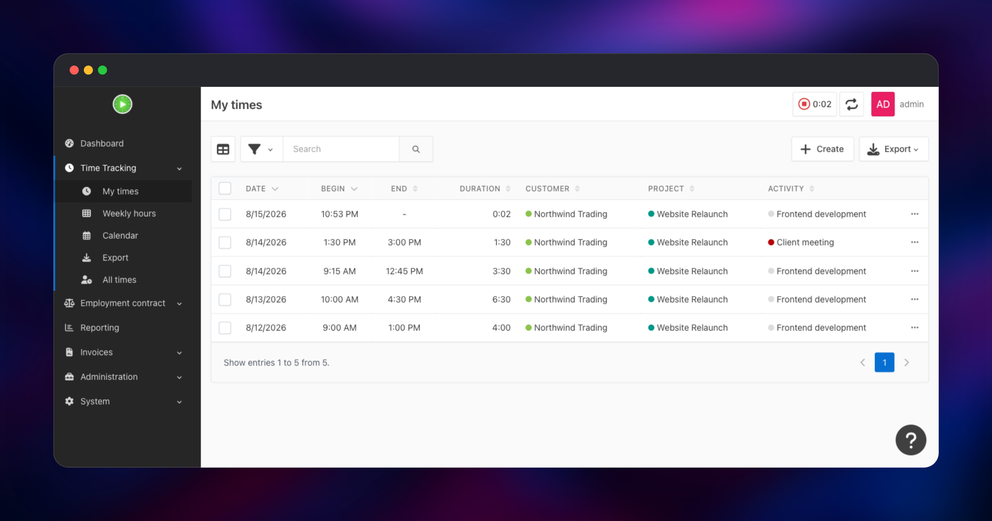 Kimai My times list showing tracked hours per project