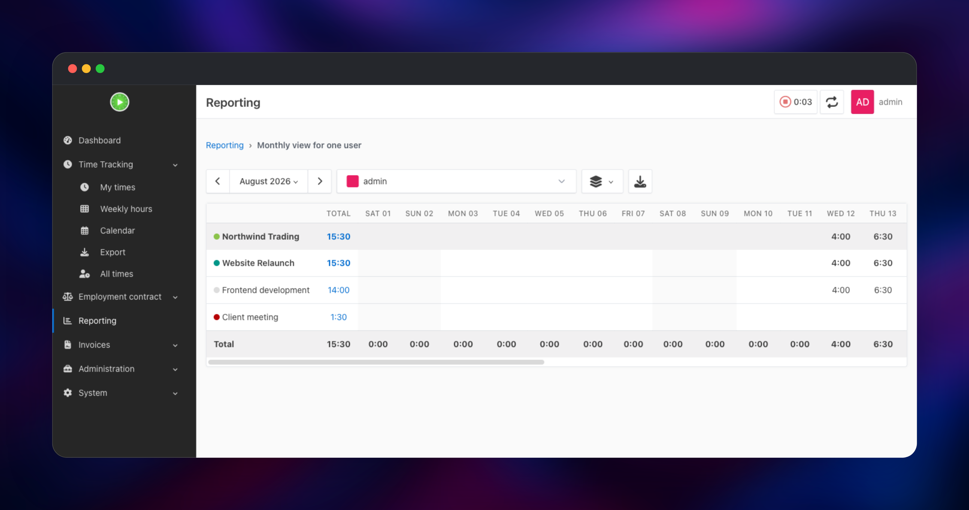 Kimai monthly report totalling hours by customer and activity