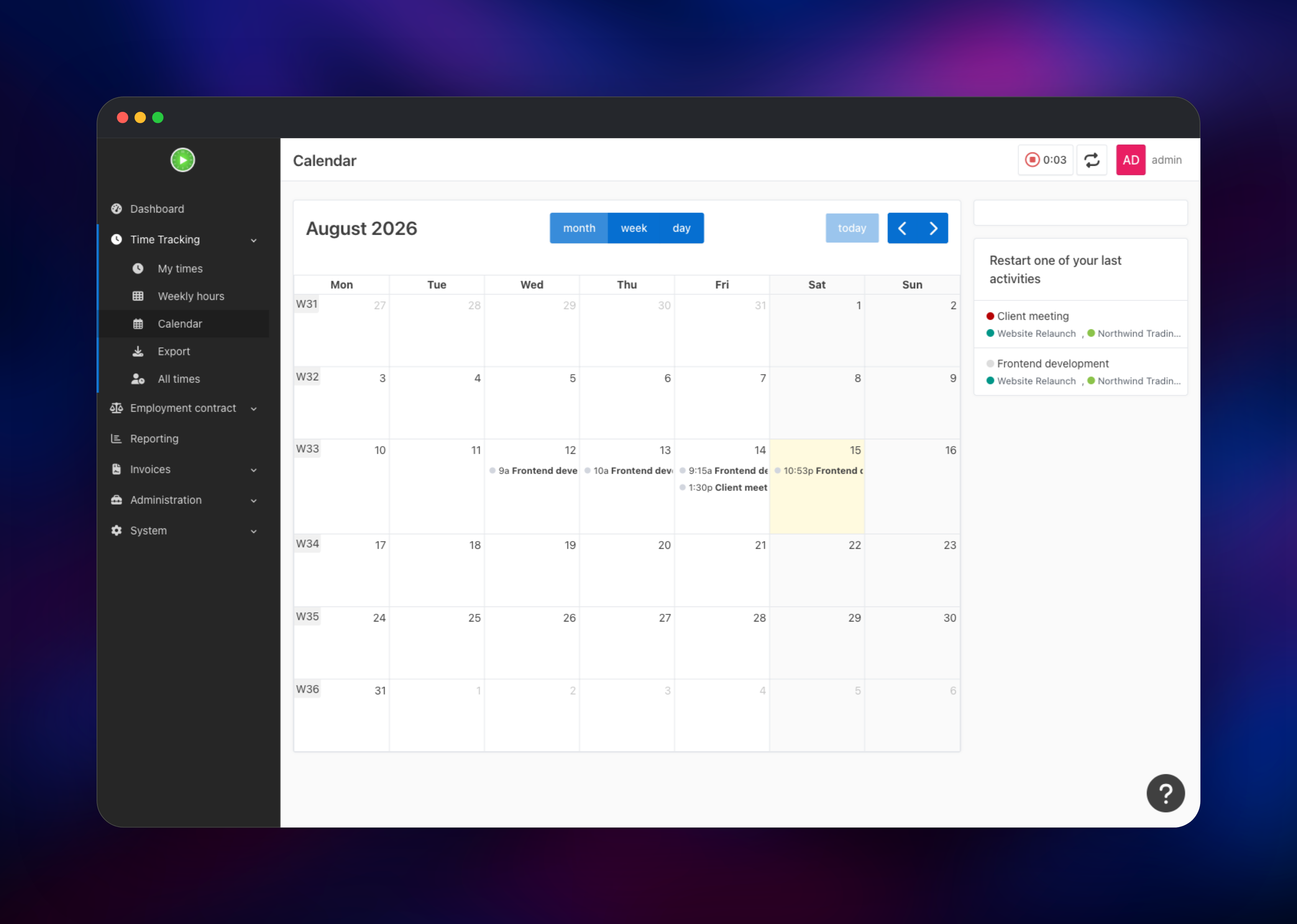 Kimai calendar month view with logged time entries