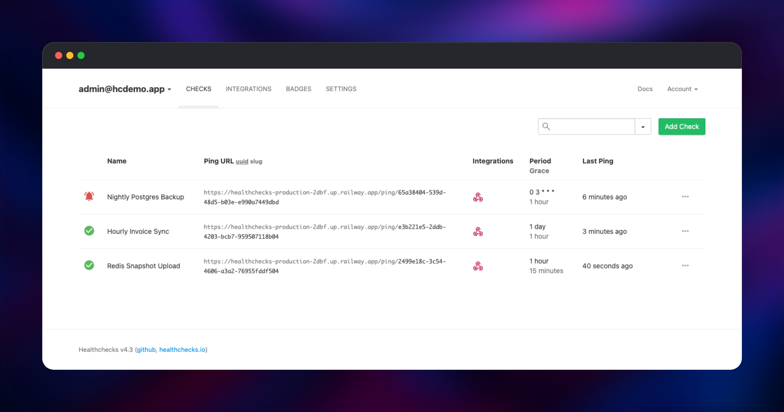 Healthchecks dashboard listing three cron checks with live statuses