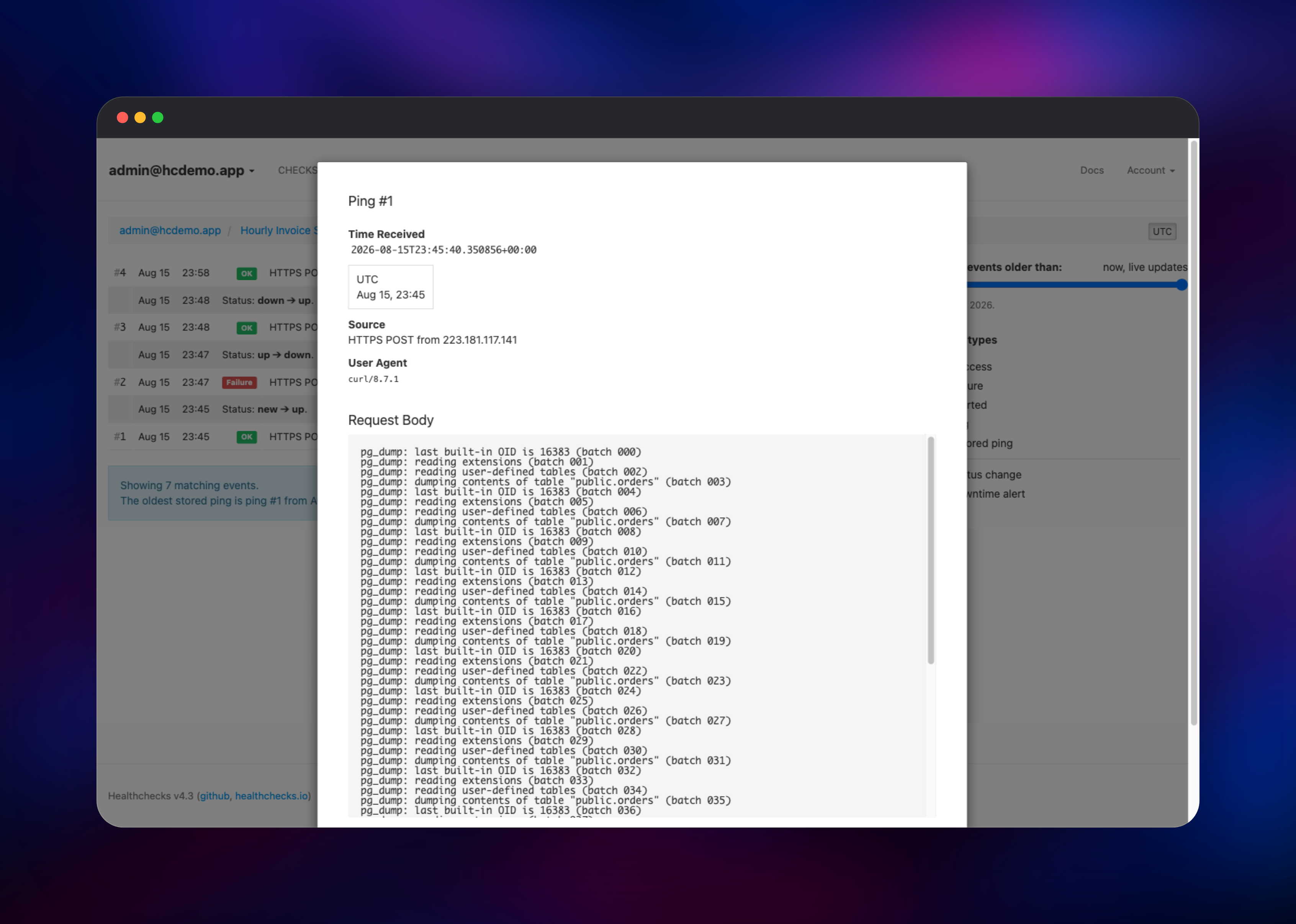 Healthchecks ping detail showing captured pg_dump job output
