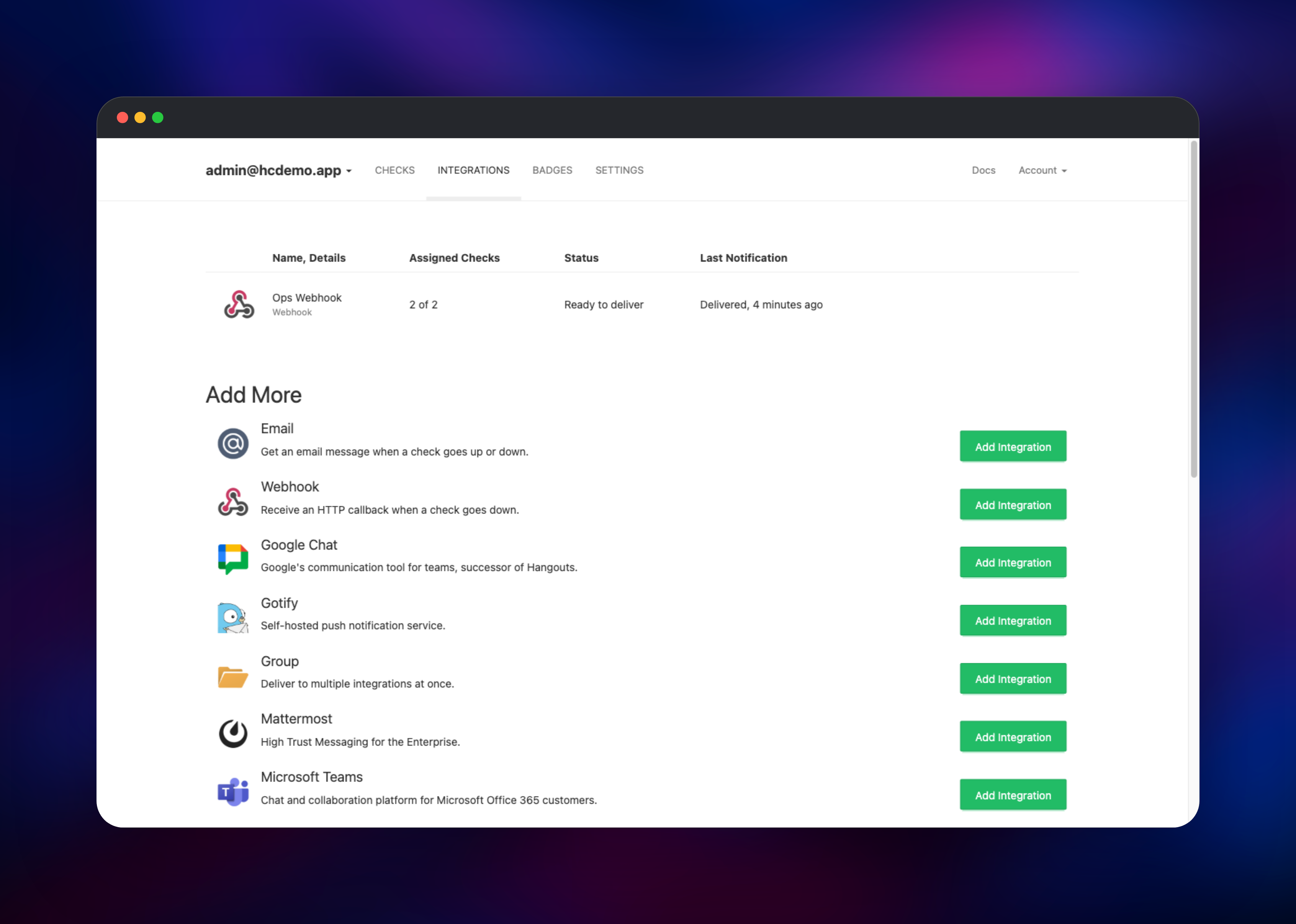 Healthchecks integrations page with a delivered webhook alert