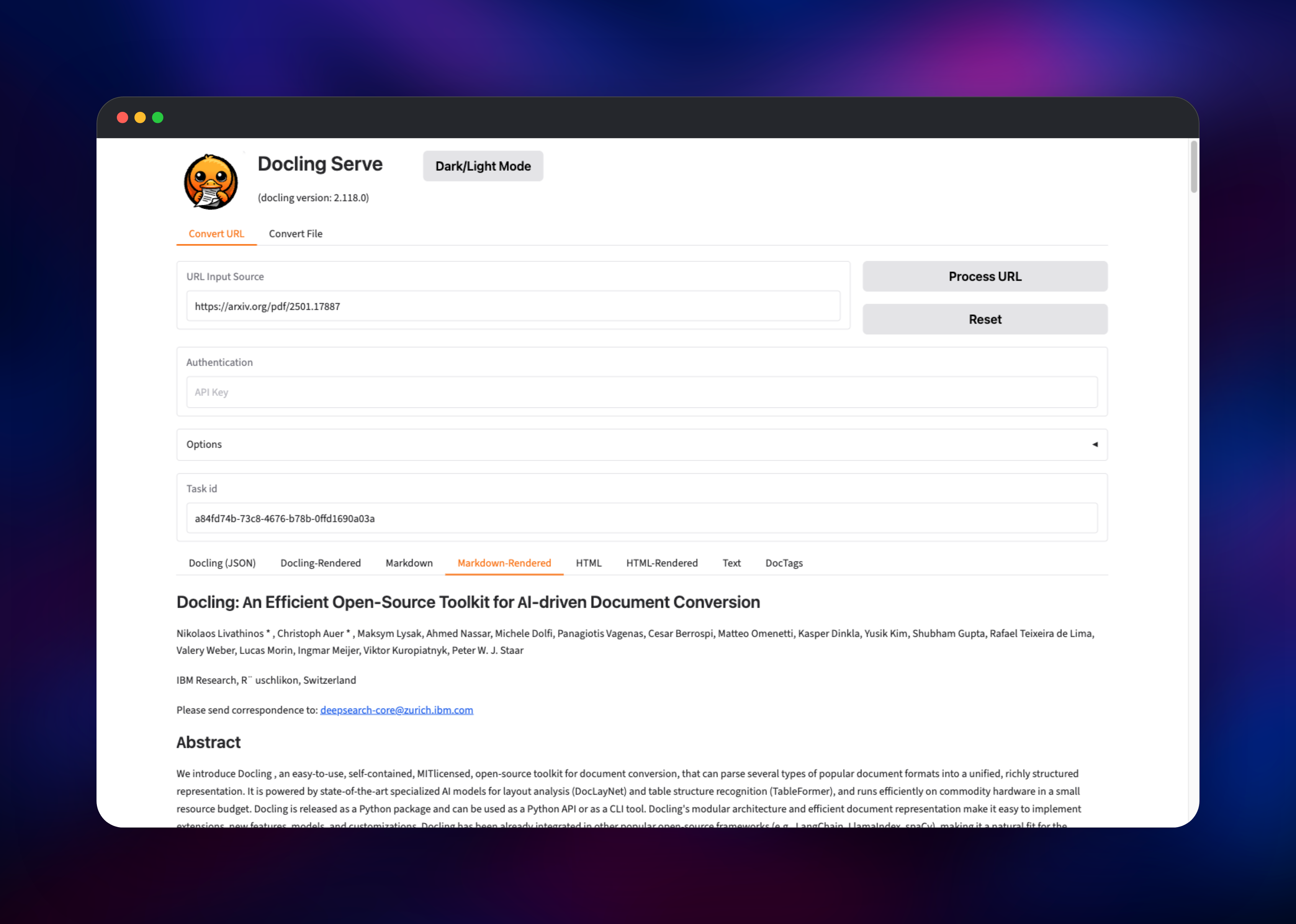 Docling Serve UI showing a research paper converted to Markdown