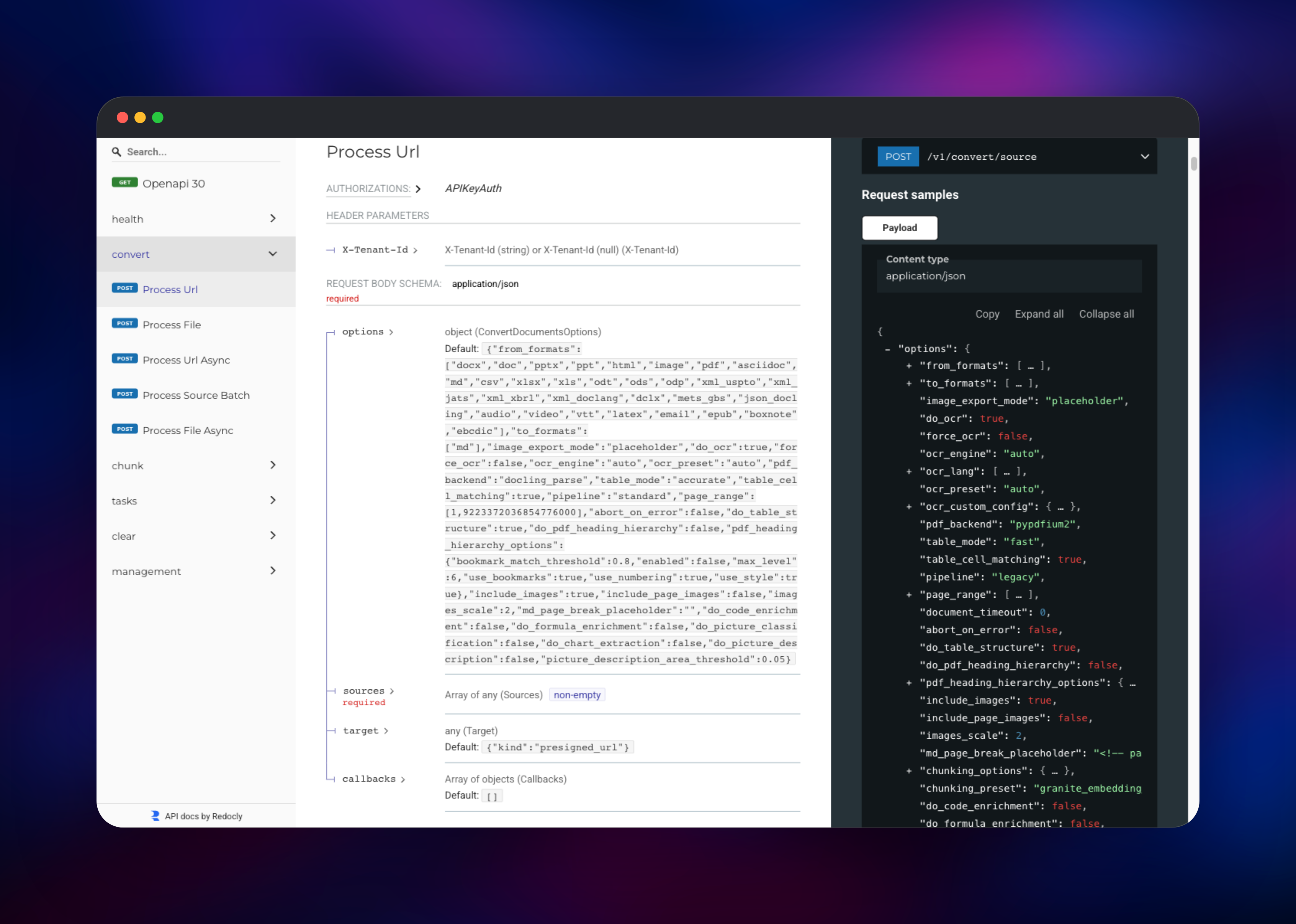 Docling Serve API reference for the convert source endpoint