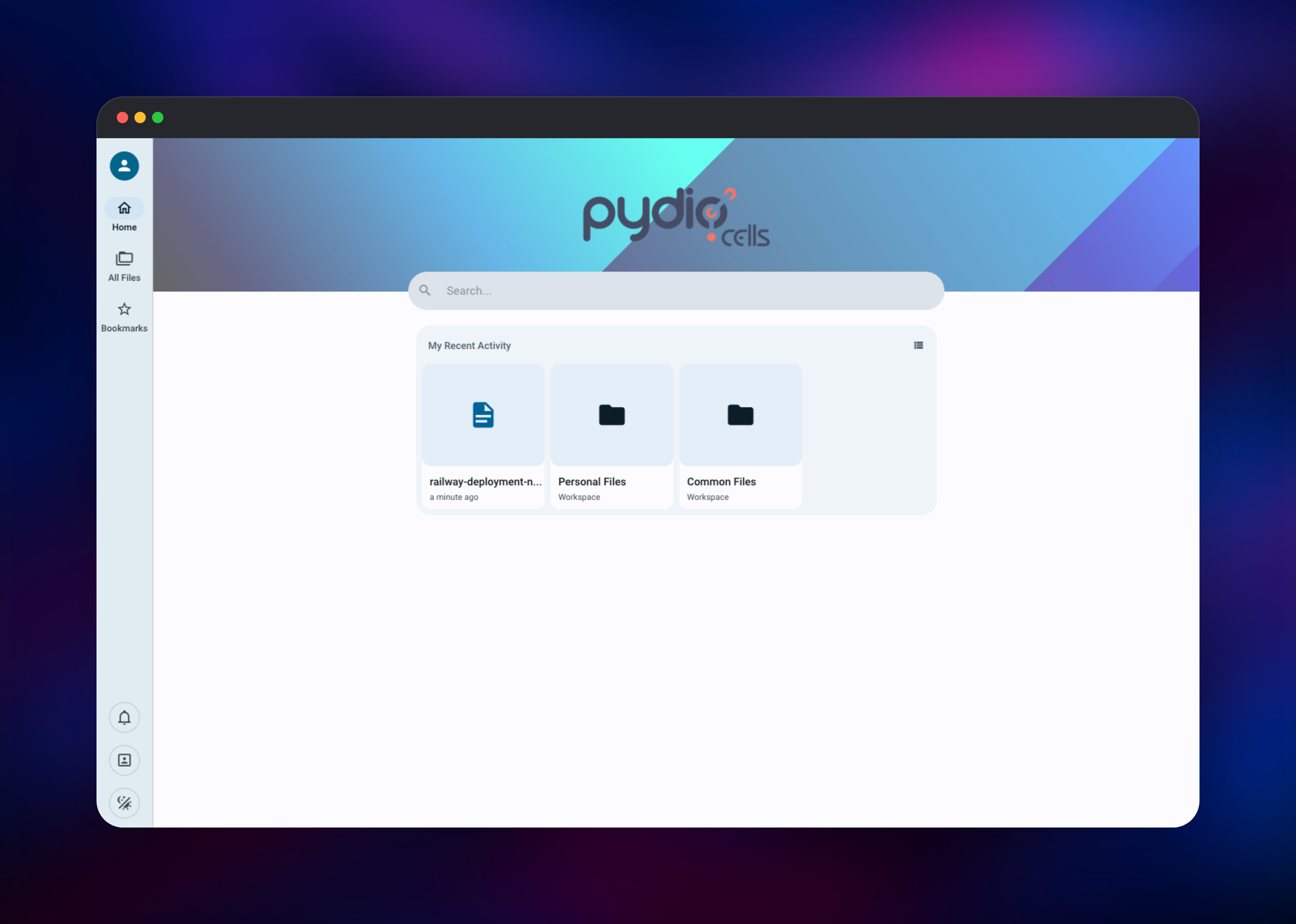 Pydio Cells home with recent activity and workspace tiles