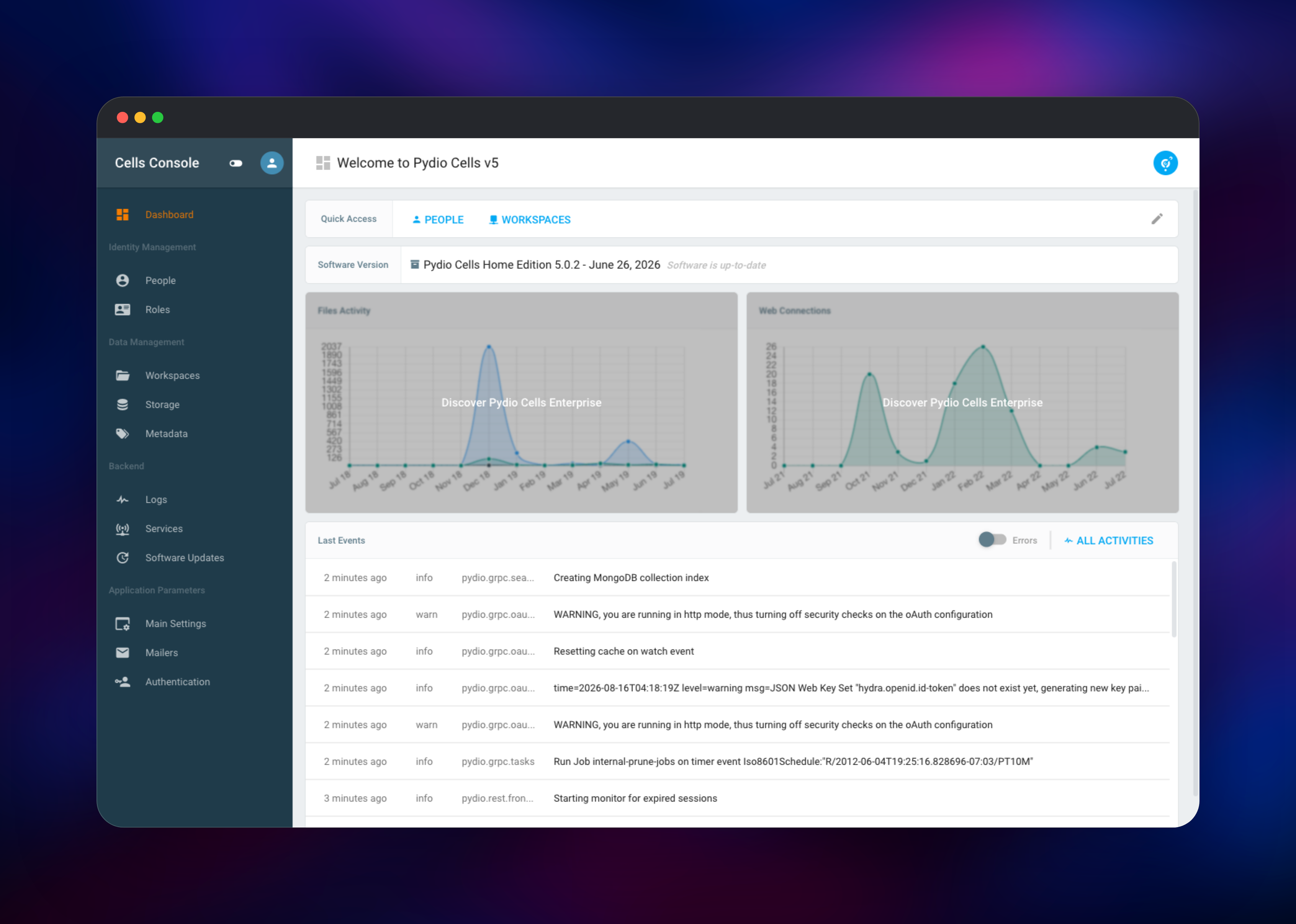 Pydio Cells admin console dashboard showing version and events