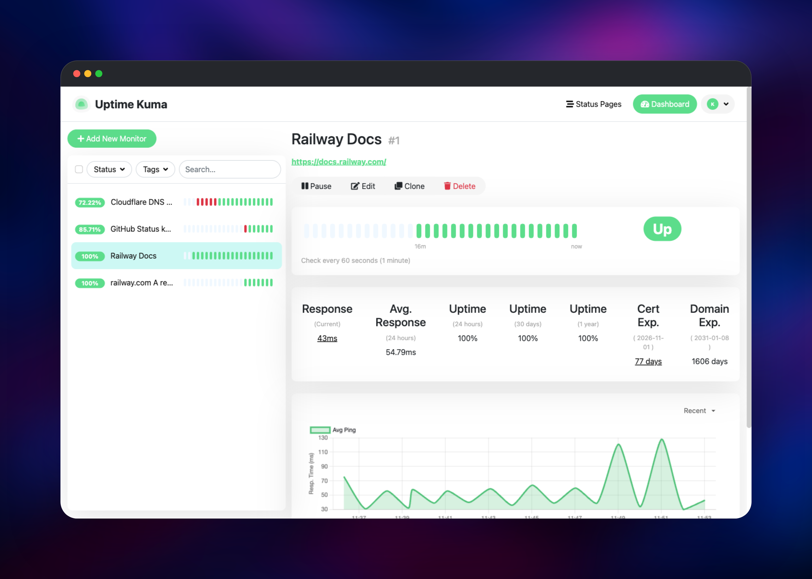 Uptime Kuma monitor detail with response-time chart and heartbeat bar