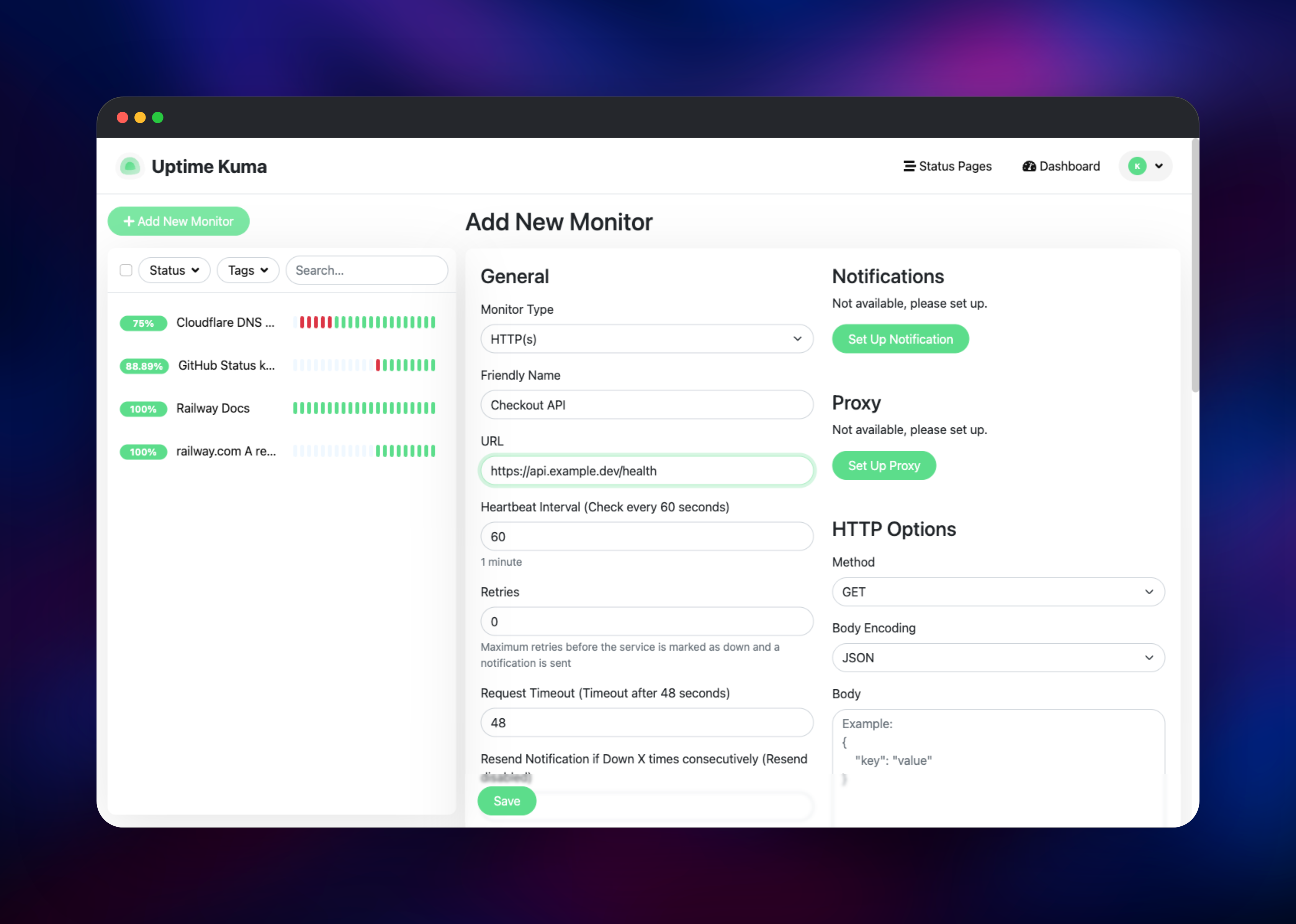 Uptime Kuma add-monitor form with HTTP options and notification settings