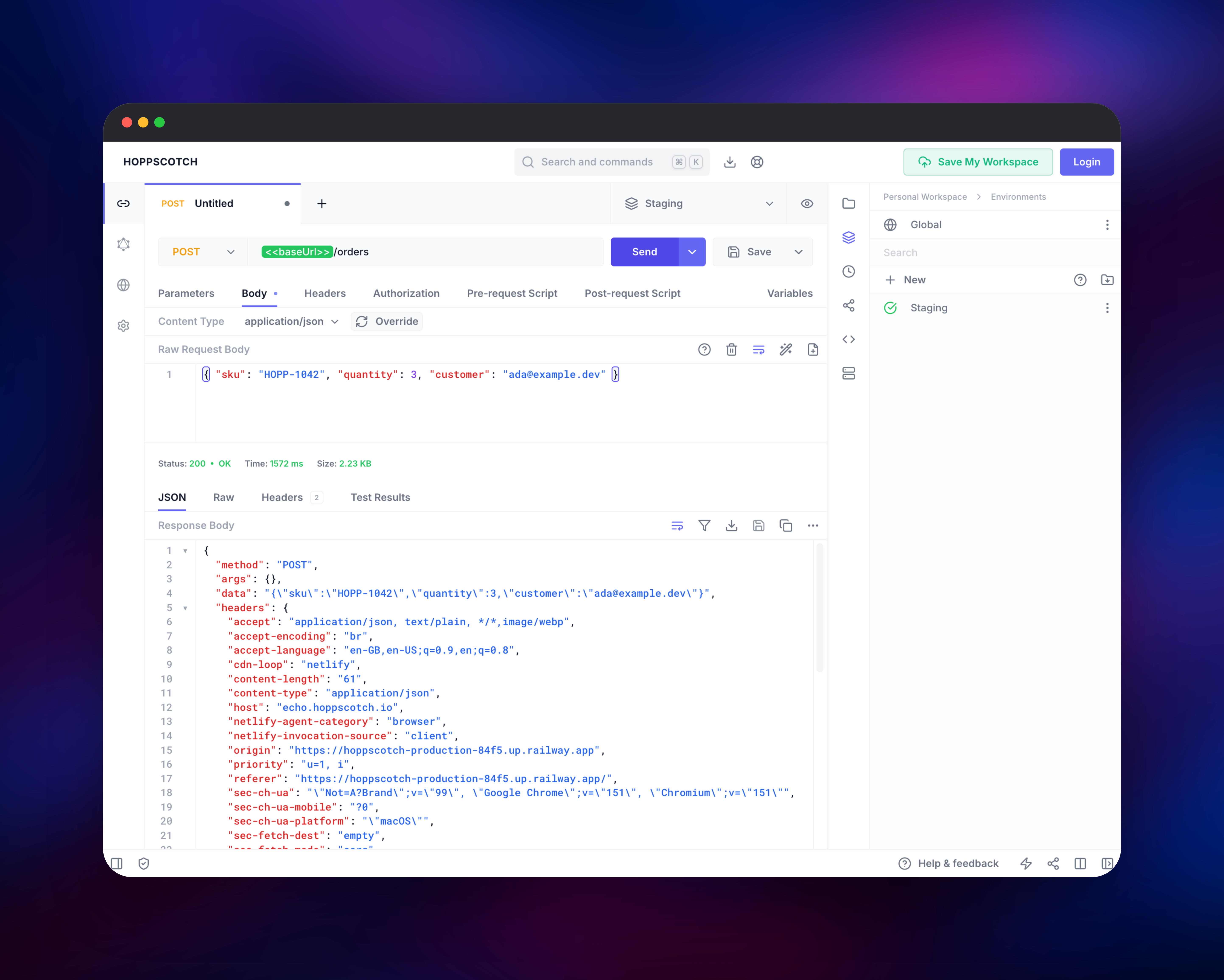 Hoppscotch REST client with a POST request and JSON response