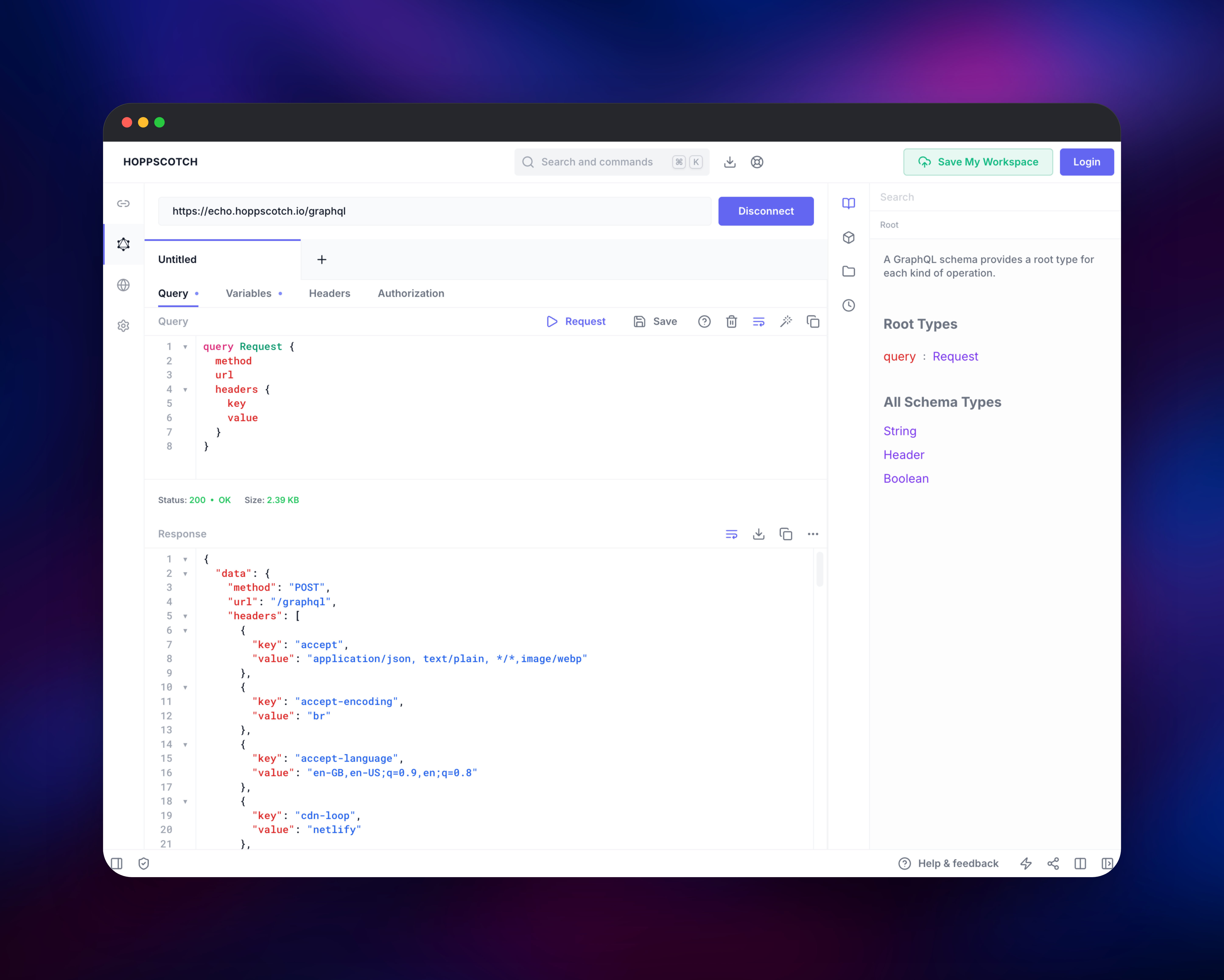 Hoppscotch GraphQL client showing a query and introspected schema