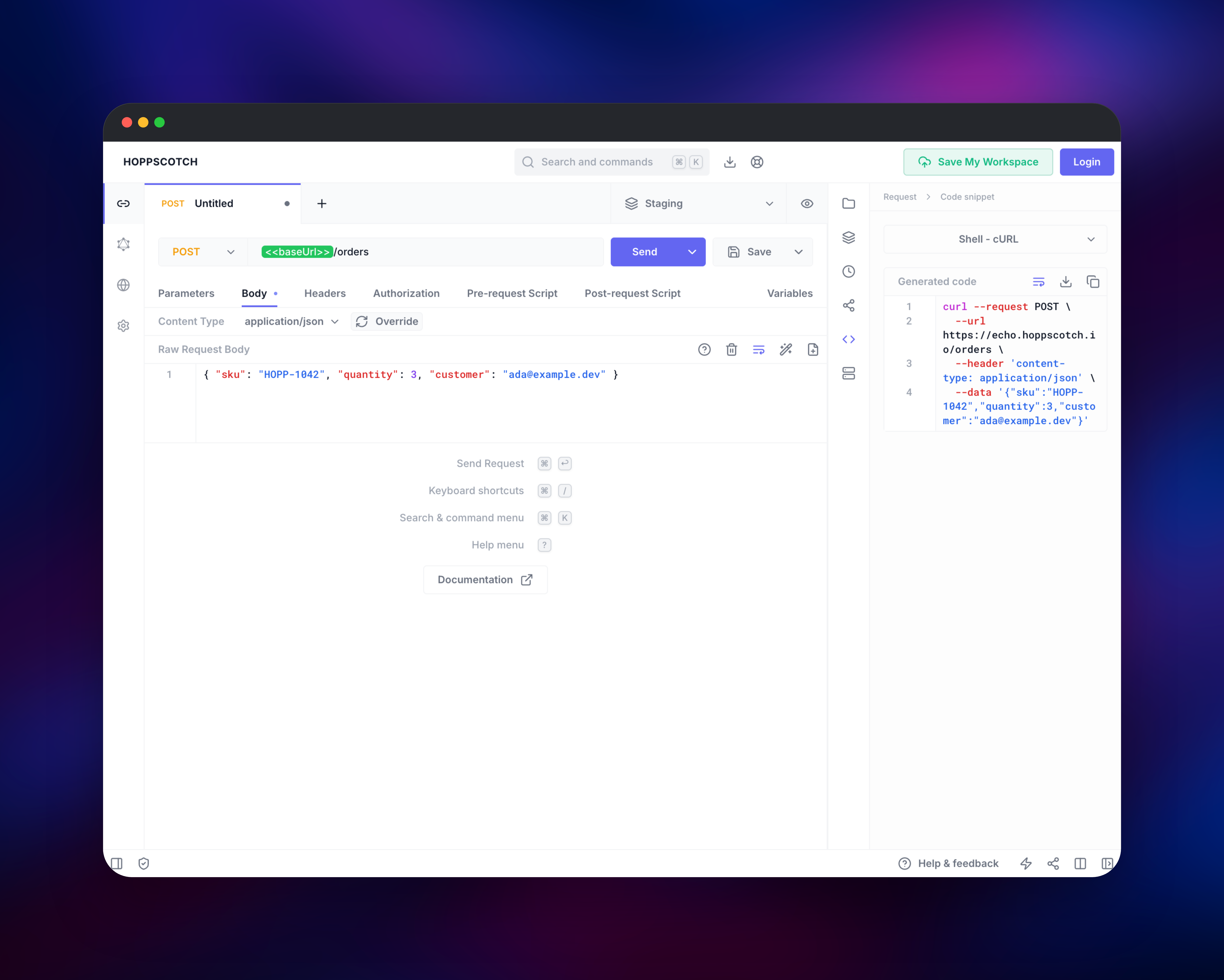 Hoppscotch generating a cURL snippet from the open request