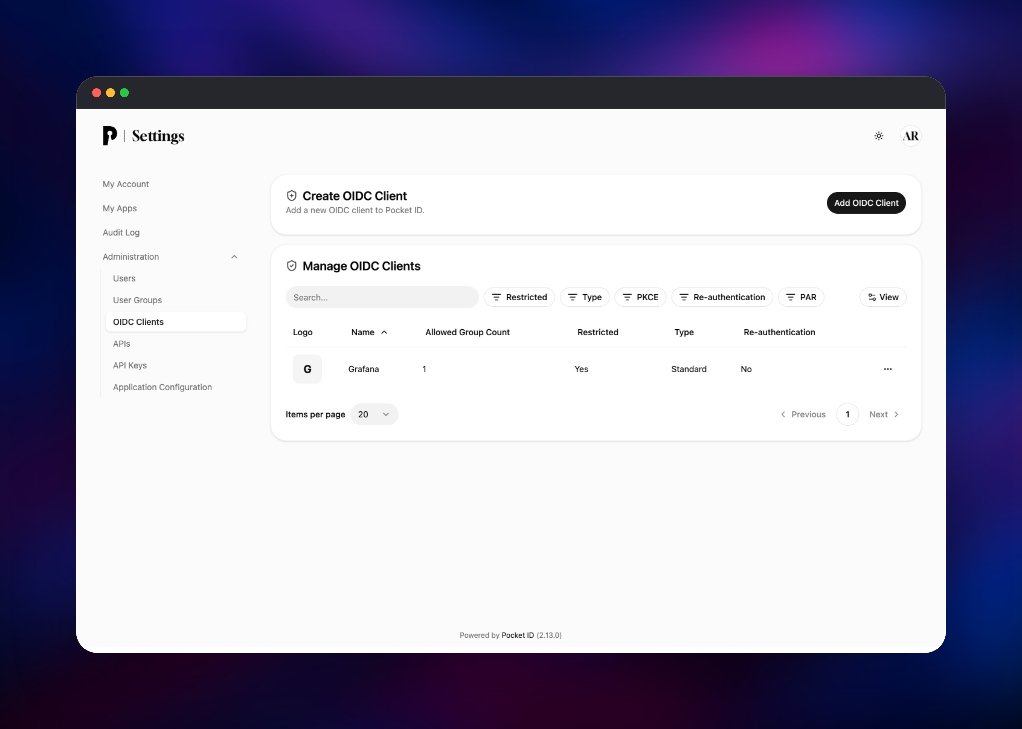 Pocket ID admin list of registered OIDC clients