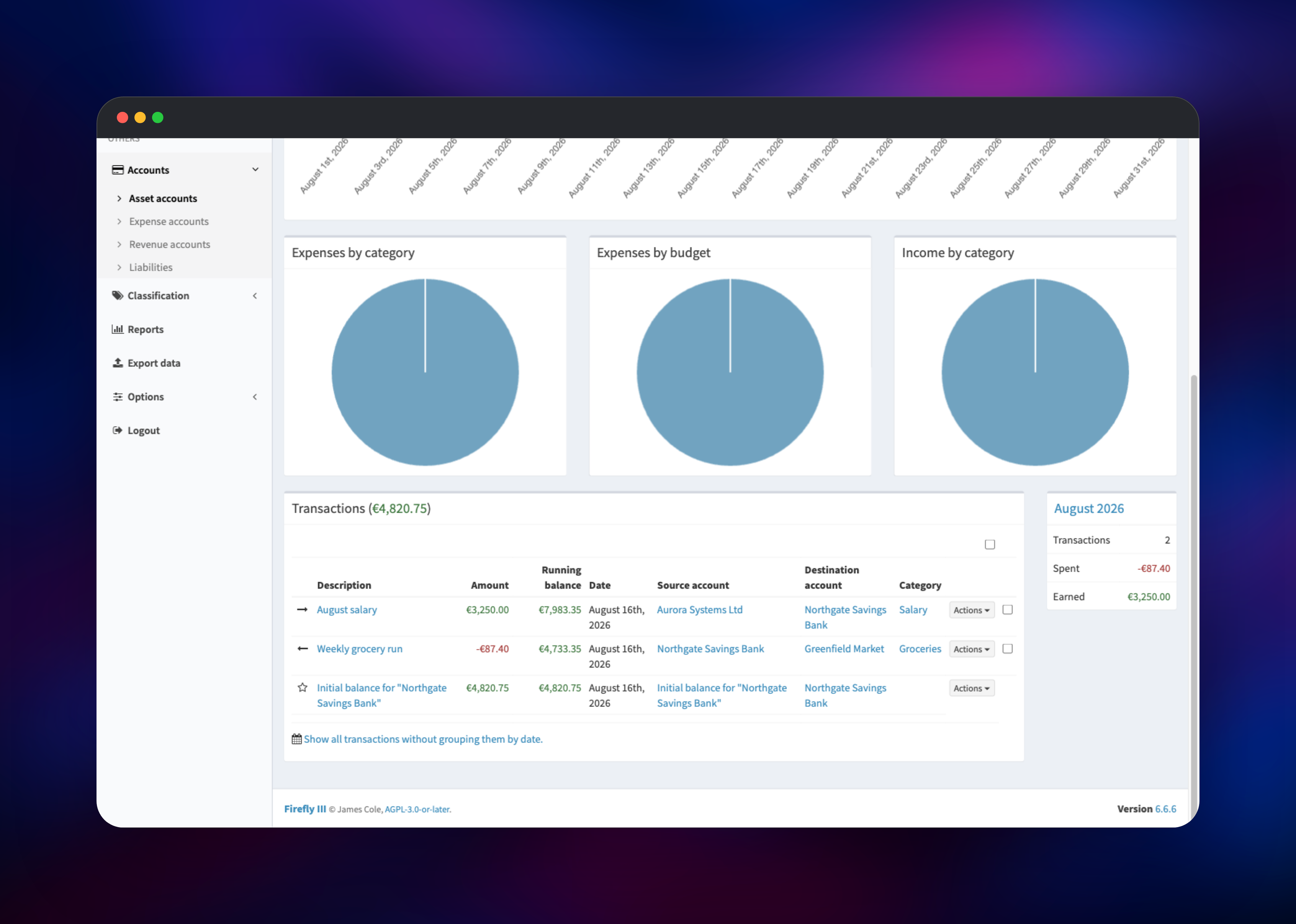 Firefly III account ledger with running balance per transaction