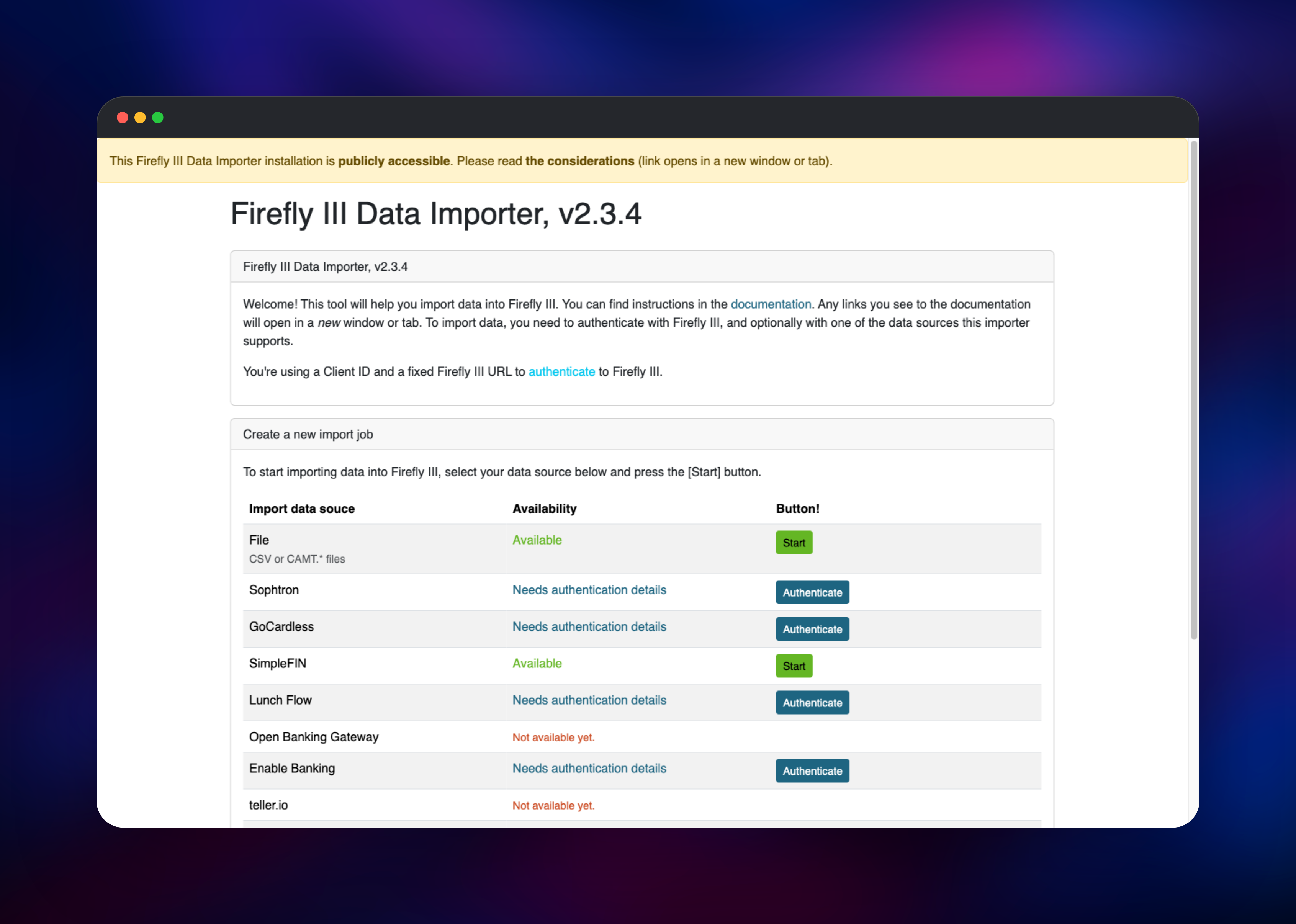 Firefly III Data Importer listing available bank import sources