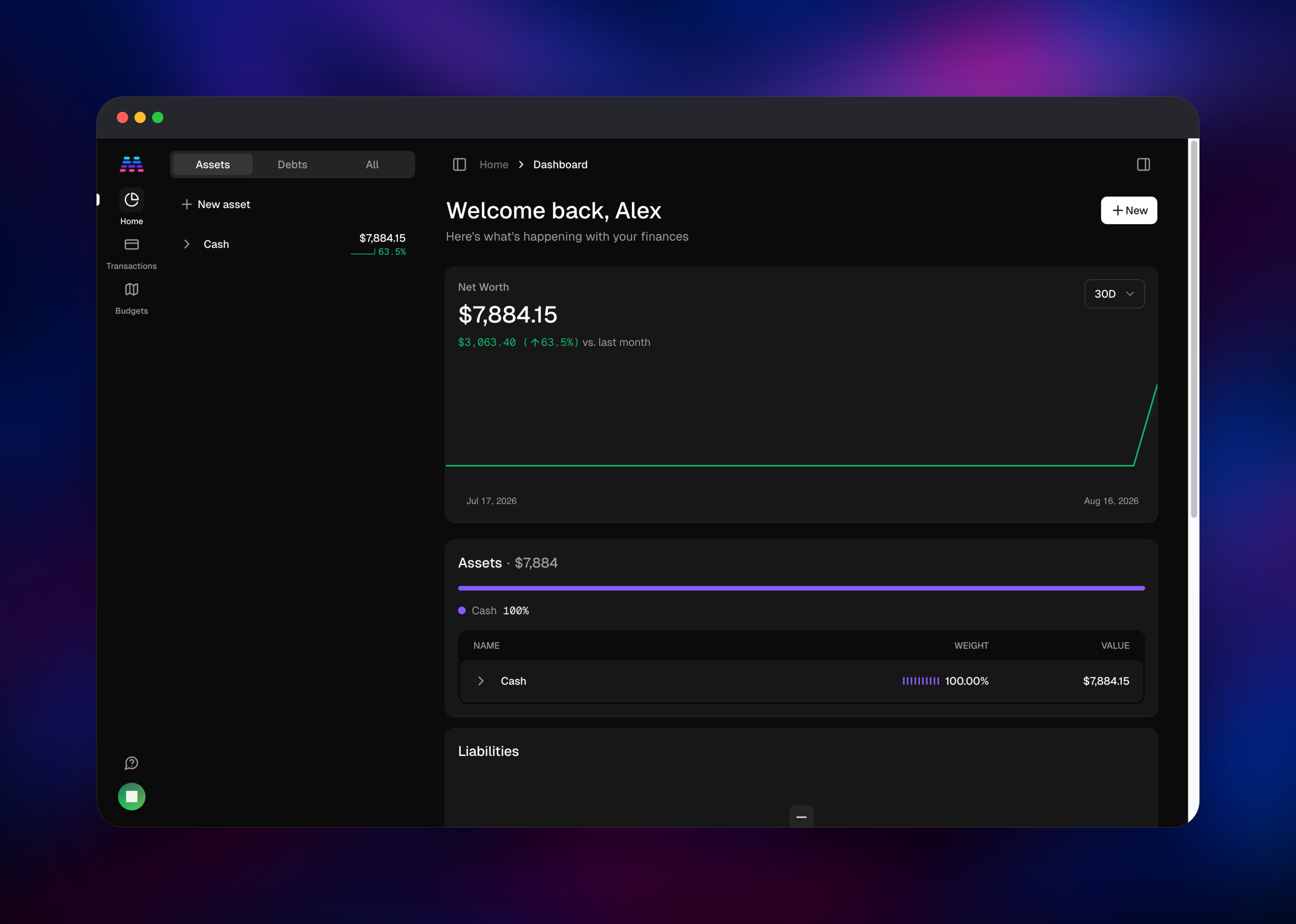 Maybe dashboard with net worth trend and cash allocation