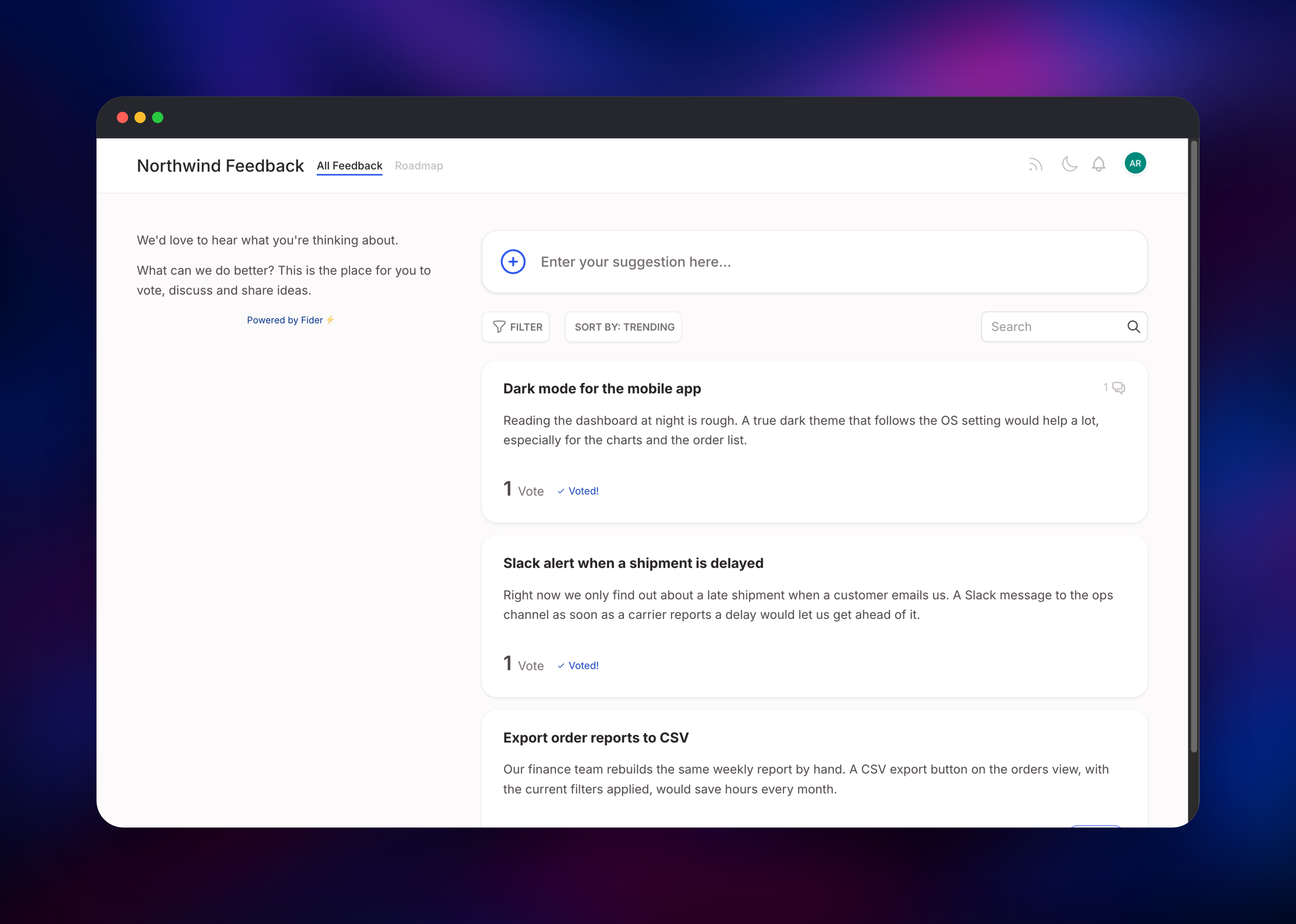 Fider feedback board listing three customer feature requests