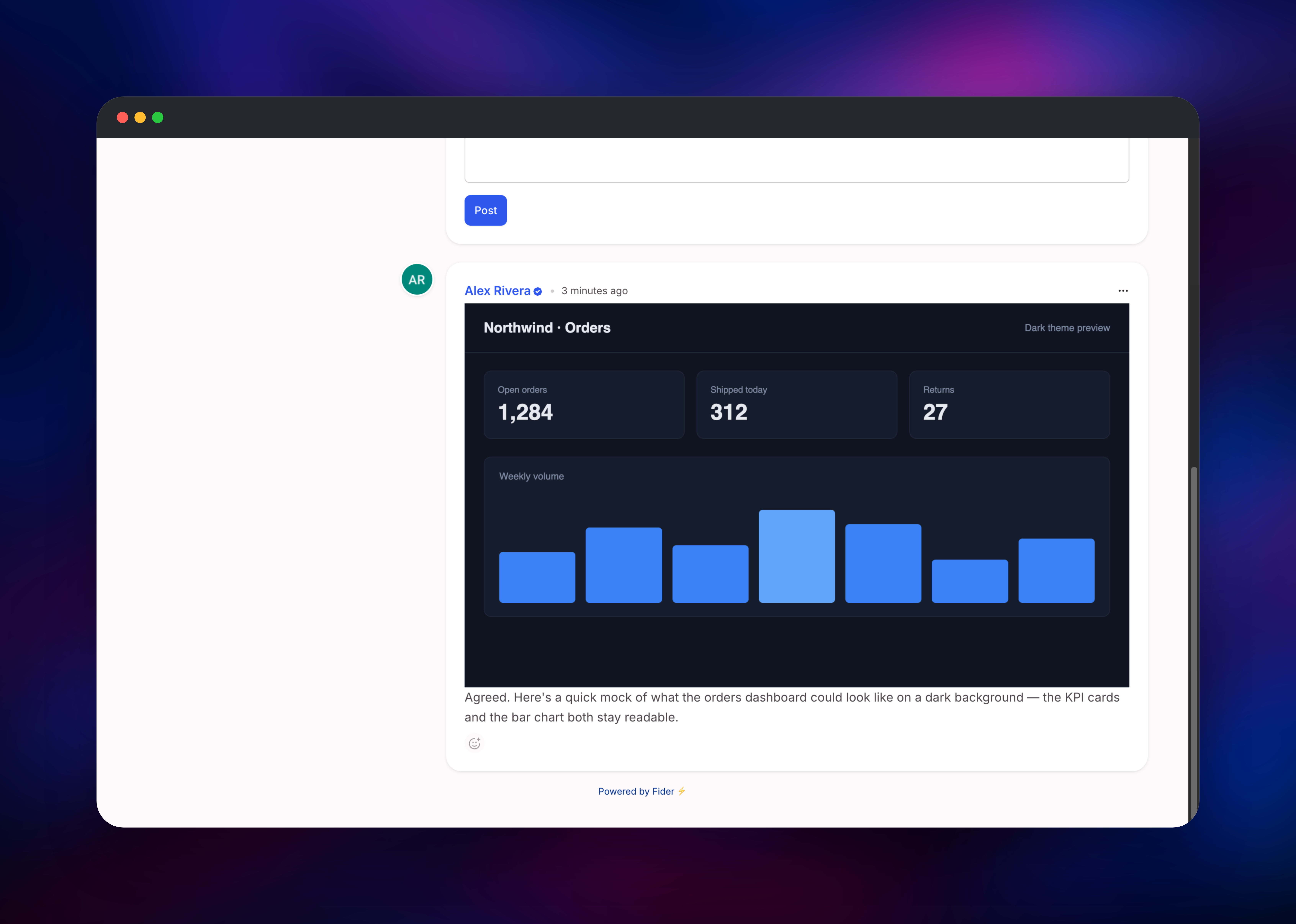 Fider discussion thread with an uploaded dashboard mockup
